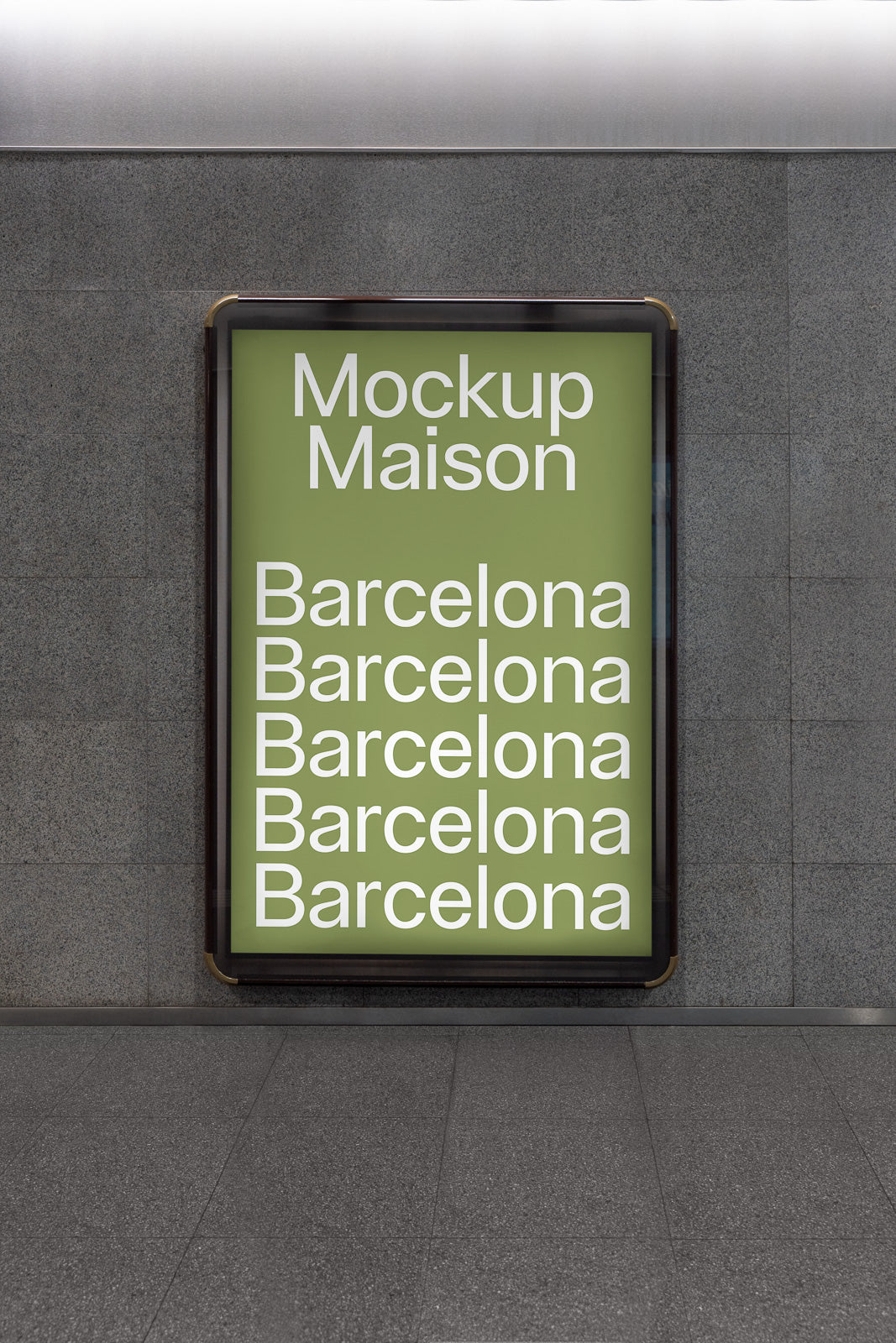 PSD mockup of an illuminated poster display in a hallway, featuring the words "Mockup Maison" and repeated "Barcelona" in white on a green background.