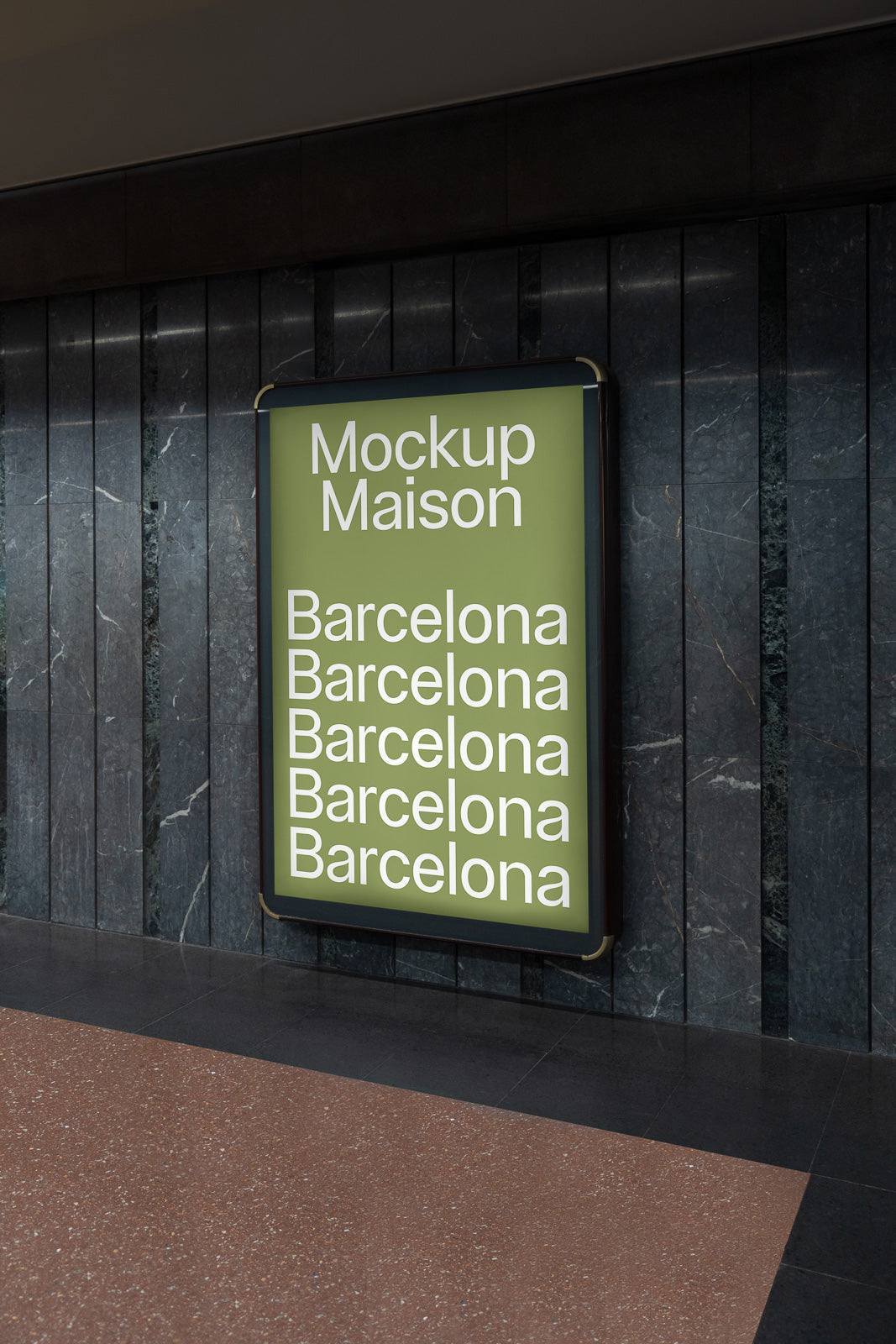 PSD mockup of a large vertical advertisement display on a marble wall, featuring the text "Mockup Maison" and "Barcelona" repeated five times.