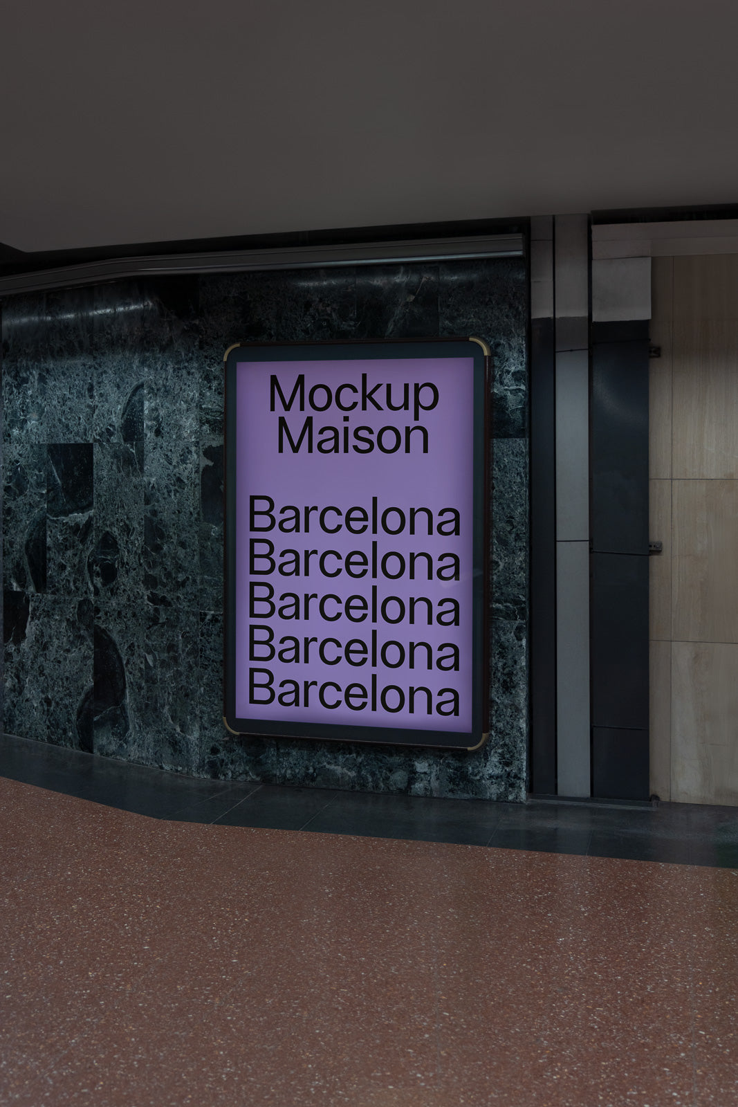 PSD mockup of an underground sign display on a dark stone wall, featuring the words "Mockup Maison" and "Barcelona" repeated five times in black text on a purple background.