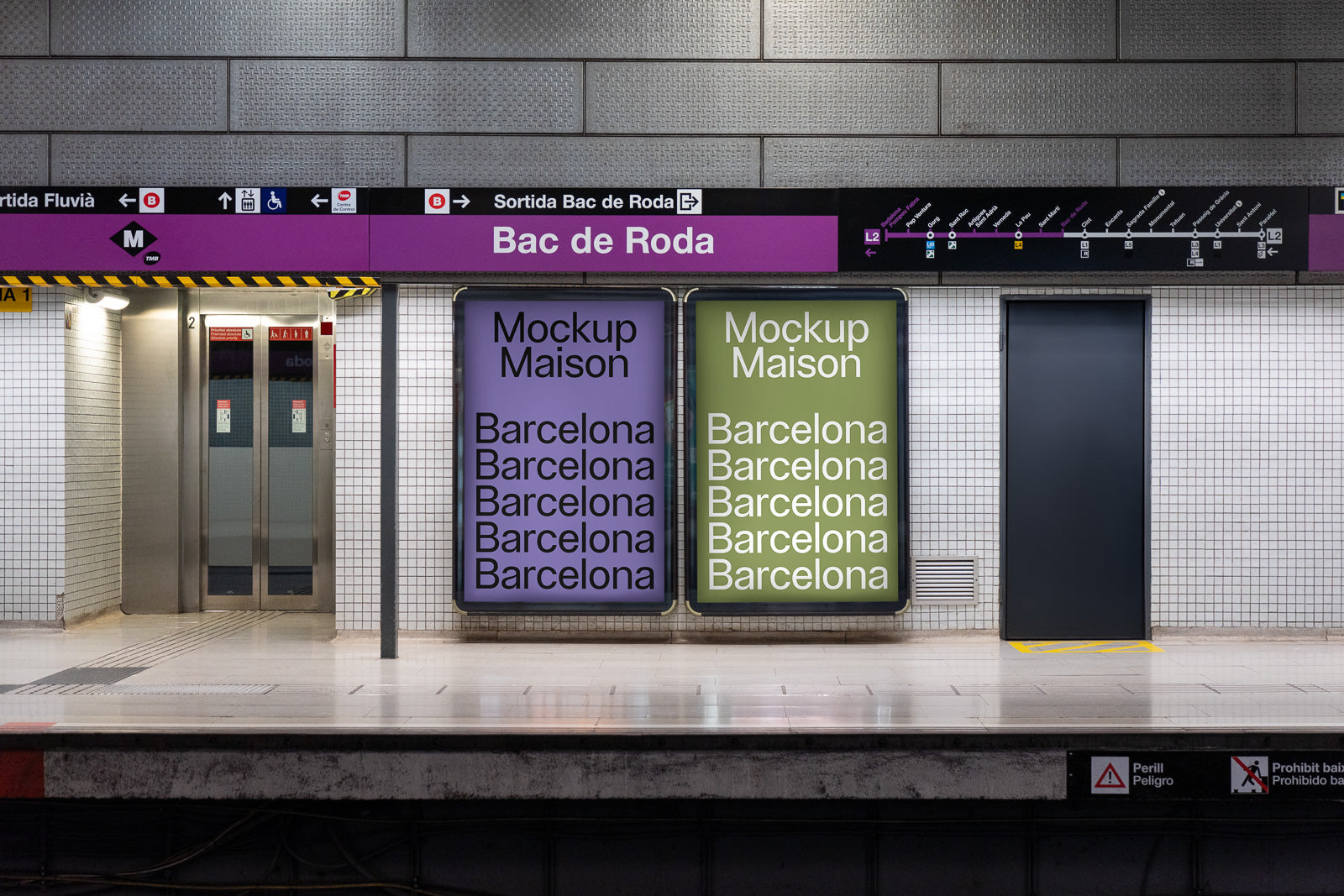 PSD mockup of two posters on a subway platform at Bac de Roda station, featuring repeated text "Barcelona" with "Mockup Maison" above.