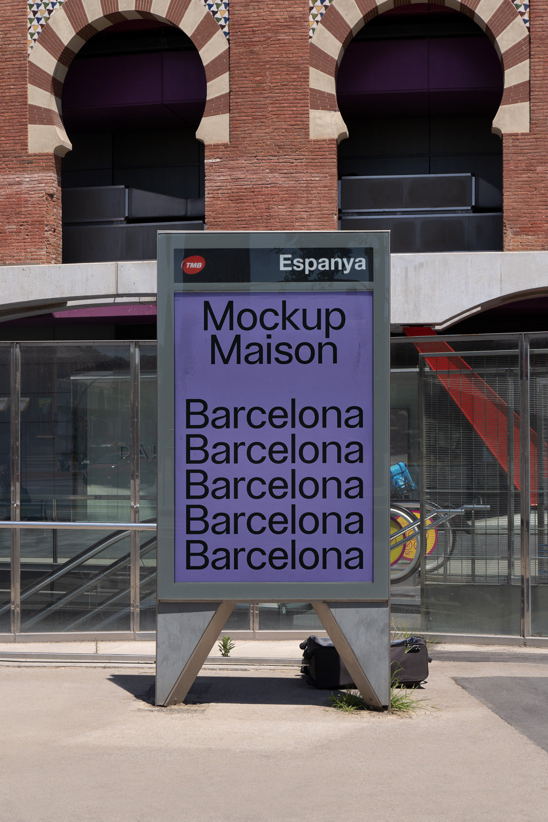 PSD mockup of an outdoor city bus stop sign with the words "Mockup Maison" and "Barcelona" repeated in black text on a purple background.