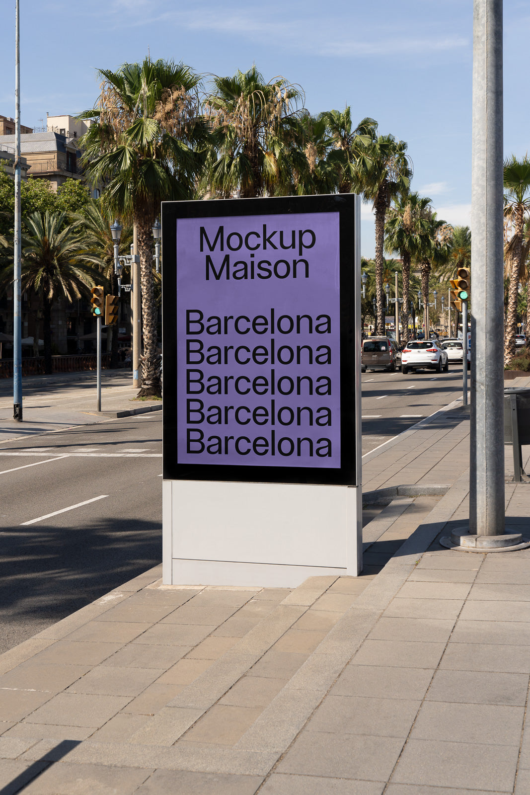PSD mockup of an outdoor advertising billboard on a city street, displaying "Mockup Maison" and "Barcelona" in a bold, modern font.
