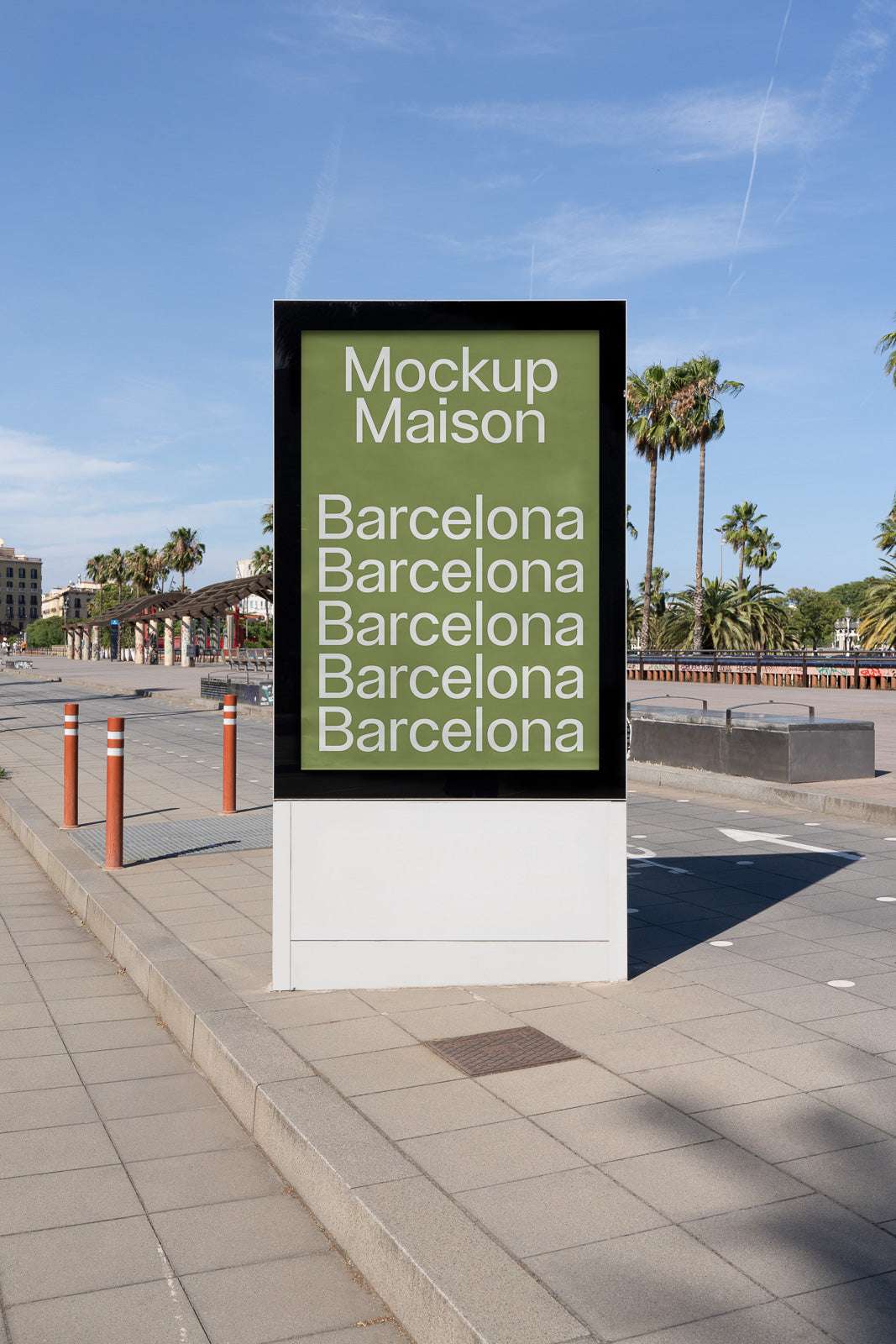 PSD mockup of an outdoor advertising billboard on a city street with palm trees and clear sky in the background, showing text related to Barcelona.