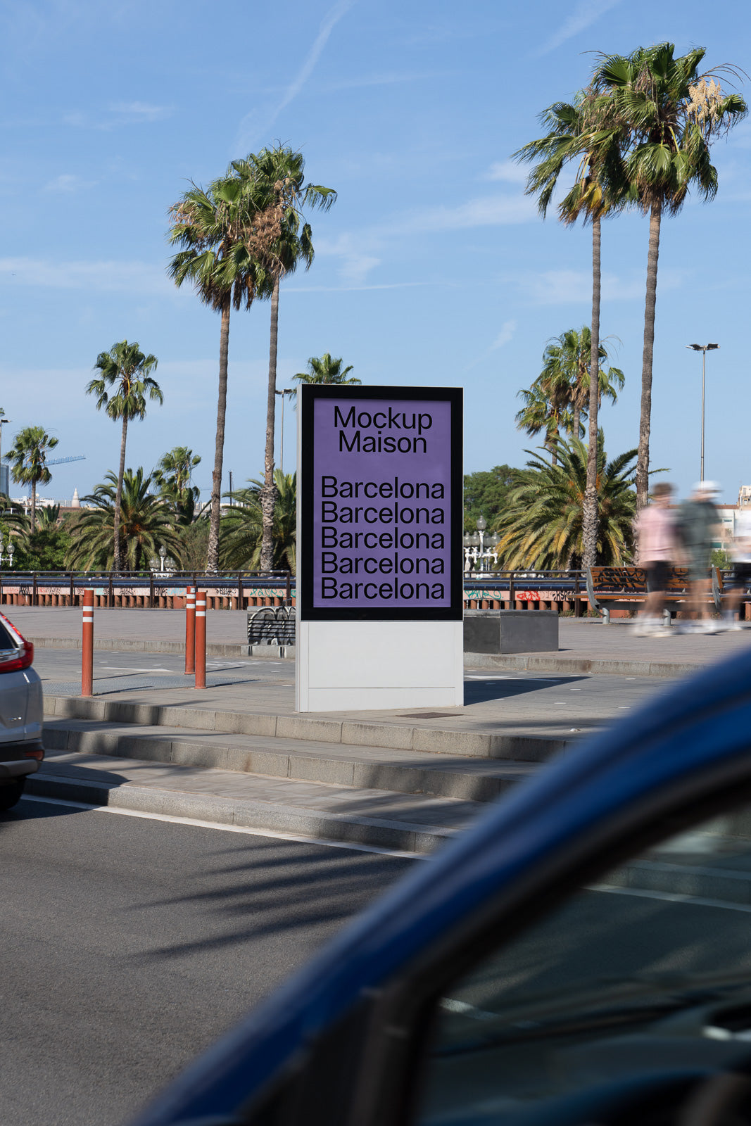 PSD mockup of a street billboard displaying the words "Mockup Maison" and "Barcelona" multiple times, set against a backdrop of palm trees and a clear sky.