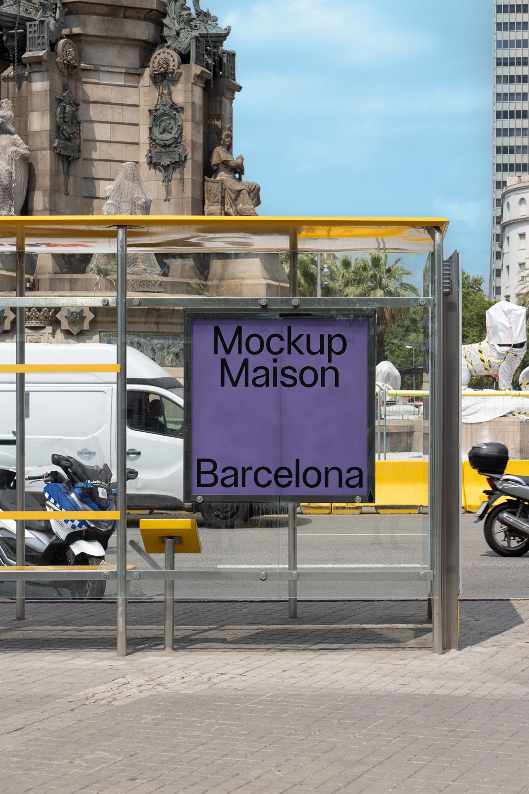 PSD mockup of a purple poster at a bus stop in an urban setting with a statue and traffic in the background.