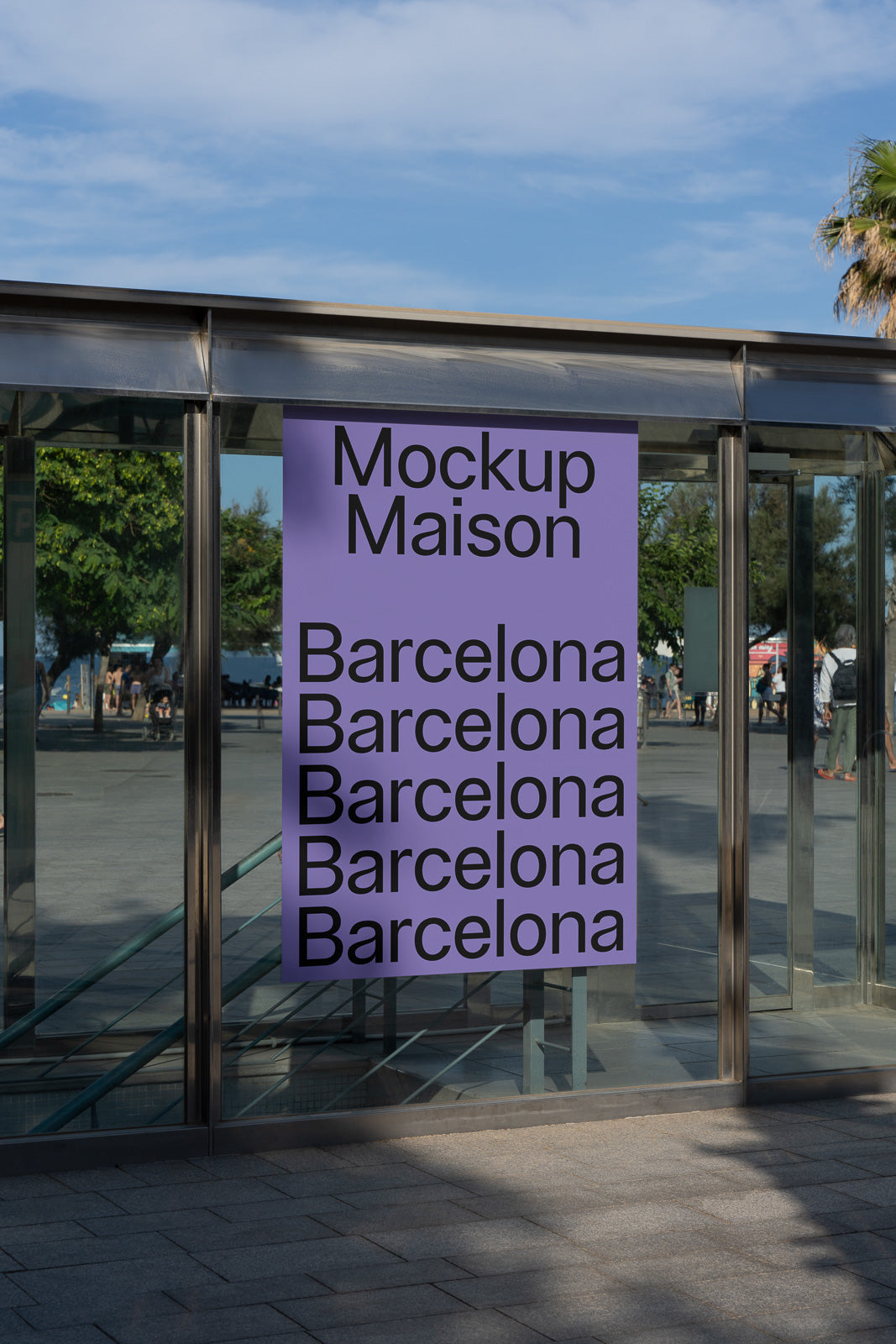 PSD mockup of a large purple banner on a glass structure, displaying the text "Mockup Maison" and multiple instances of "Barcelona" vertically.