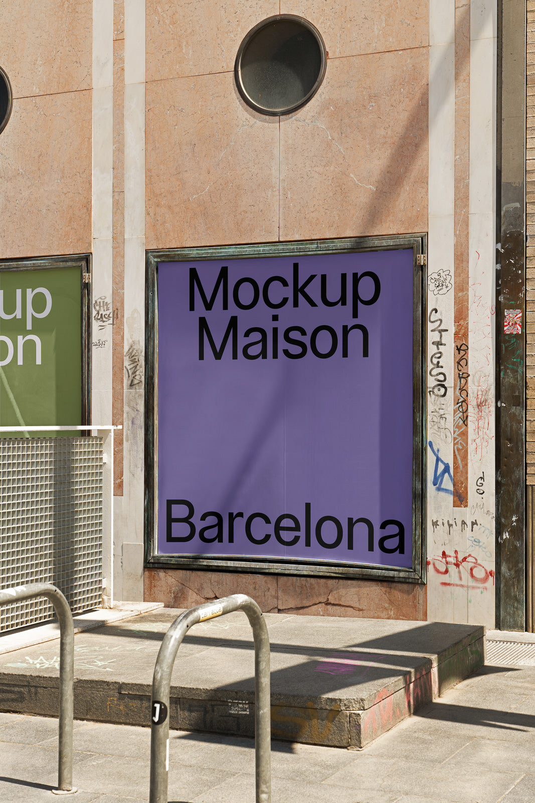 PSD mockup of a large purple storefront banner with text "Mockup Maison Barcelona," set on a textured urban wall with graffiti.