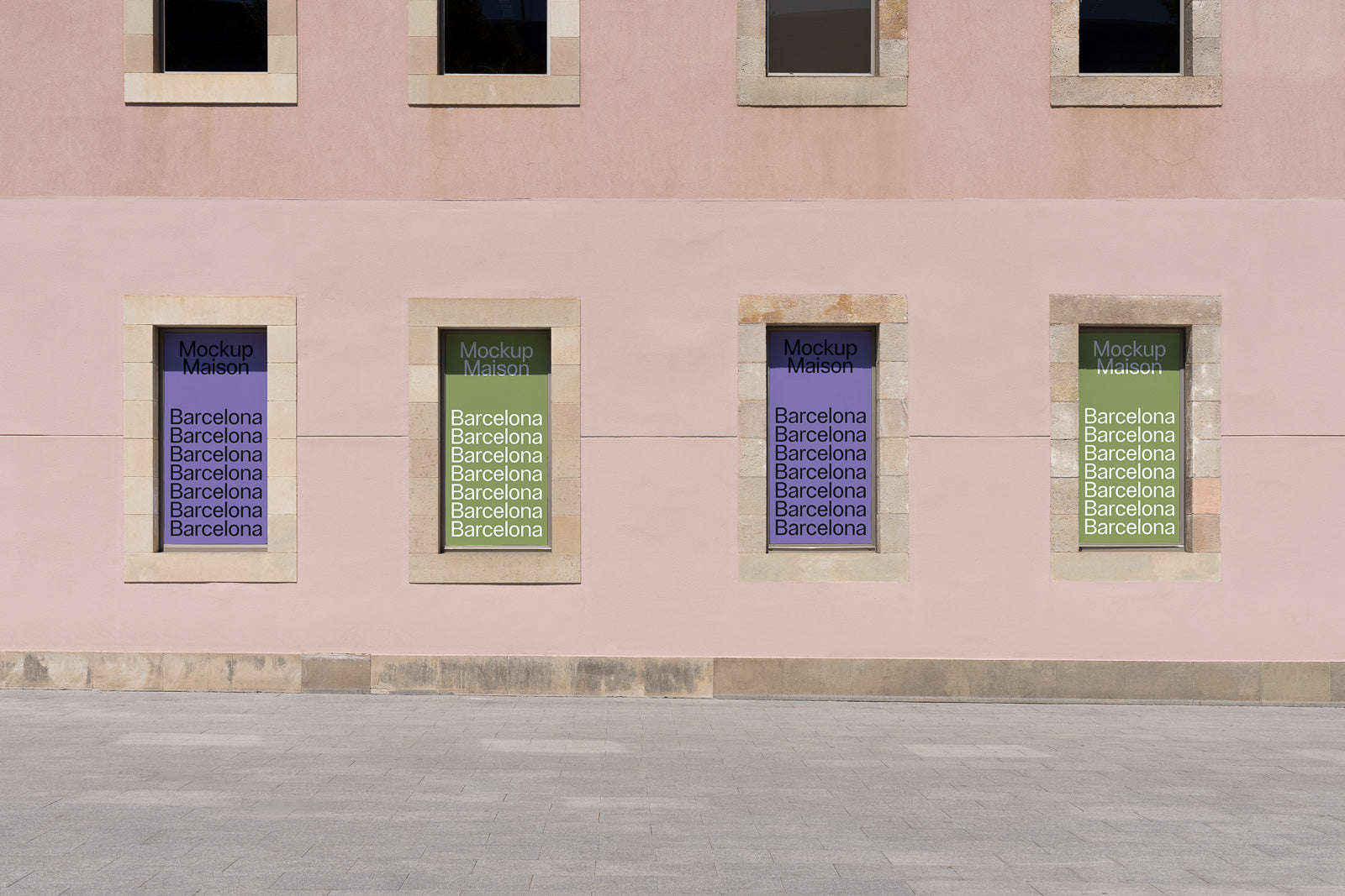 PSD mockup of building facade with four windows, each displaying a sign that repeats the word "Barcelona" in colorful backgrounds.