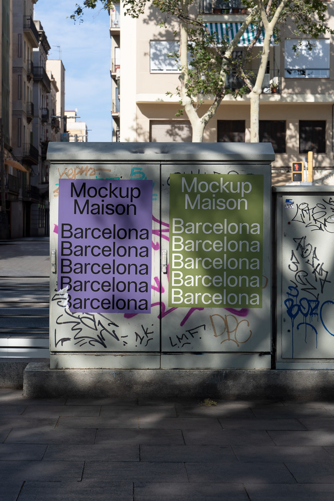 PSD mockup of posters on an outdoor electrical box with graffiti, featuring the repeated text "Mockup Maison Barcelona" in purple and green.