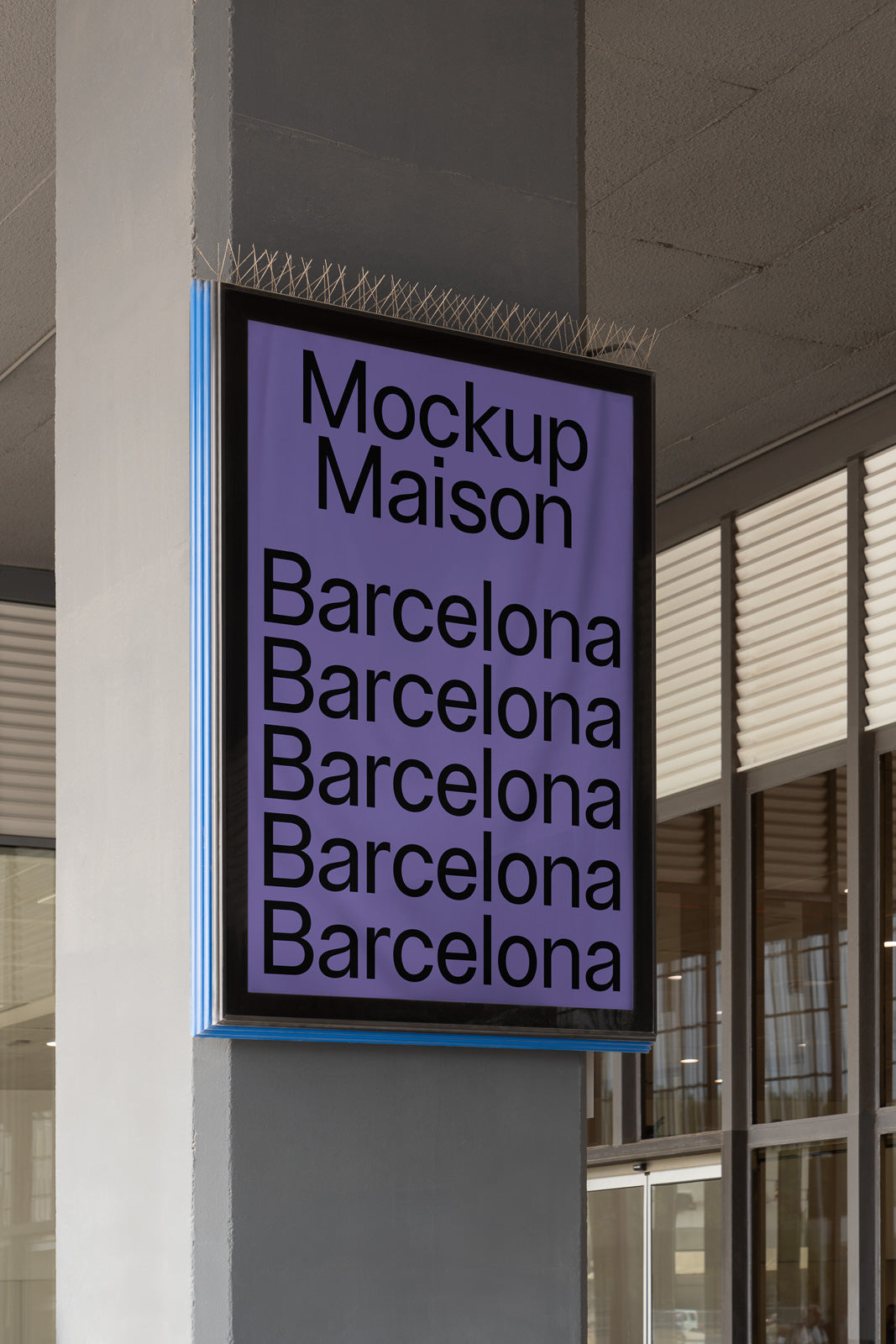 PSD mockup of a vertical rectangular sign on a building exterior, displaying repeated text "Mockup Maison Barcelona" on a purple background.