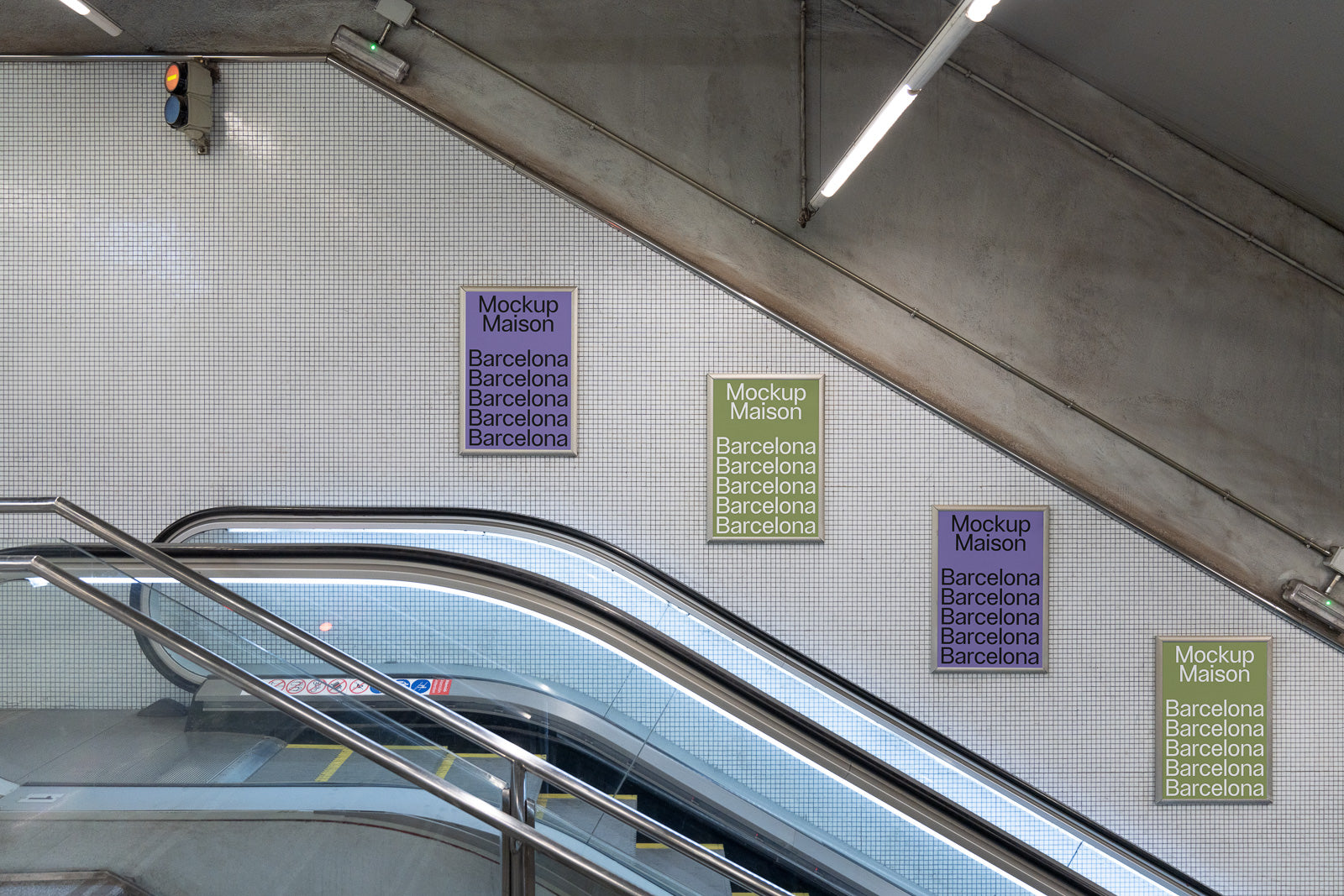 PSD mockup of three posters displayed on a tiled subway wall above an escalator, each with "Mockup Maison" and "Barcelona" text.