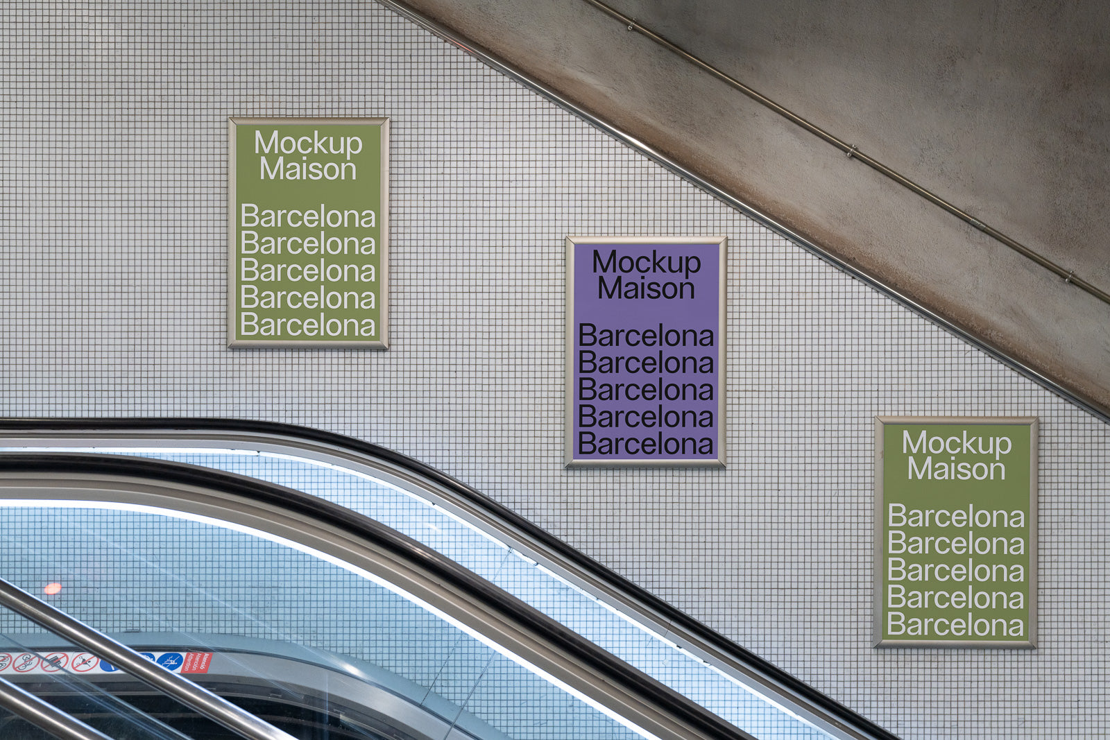 PSD mockup of framed posters on a tiled wall above an escalator, displaying the words "Mockup Maison Barcelona" repeatedly in various colors.