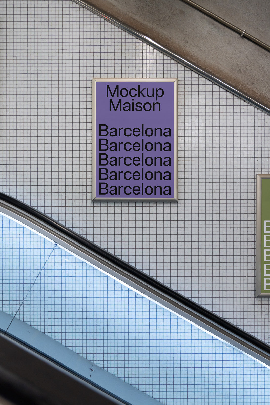 PSD mockup of a poster on a tiled wall above an escalator, featuring repeated text "Barcelona" in black on a purple background.