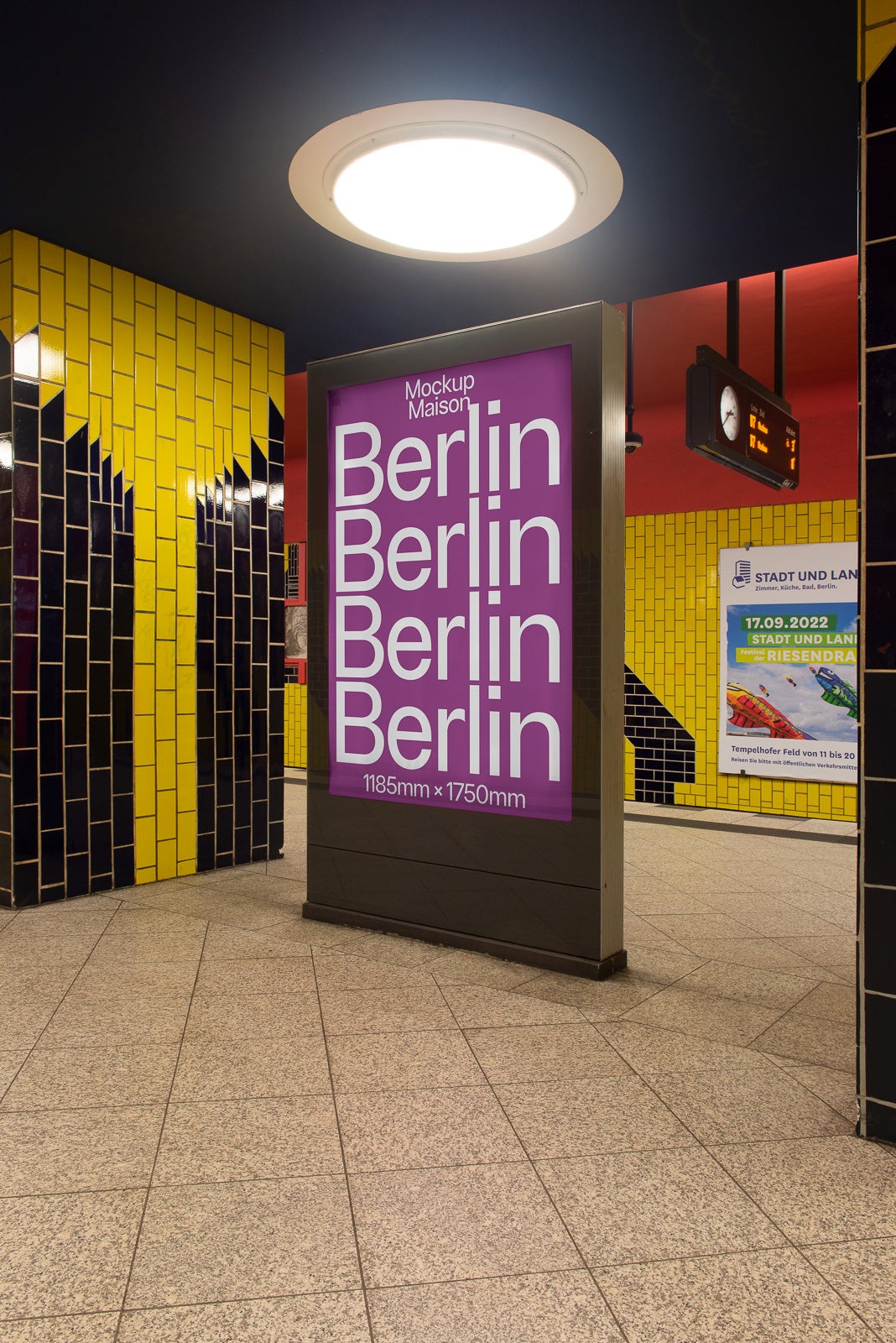 PSD mockup of a billboard in a subway station with the word "Berlin" repeated on a purple background, surrounded by yellow and black tiles.