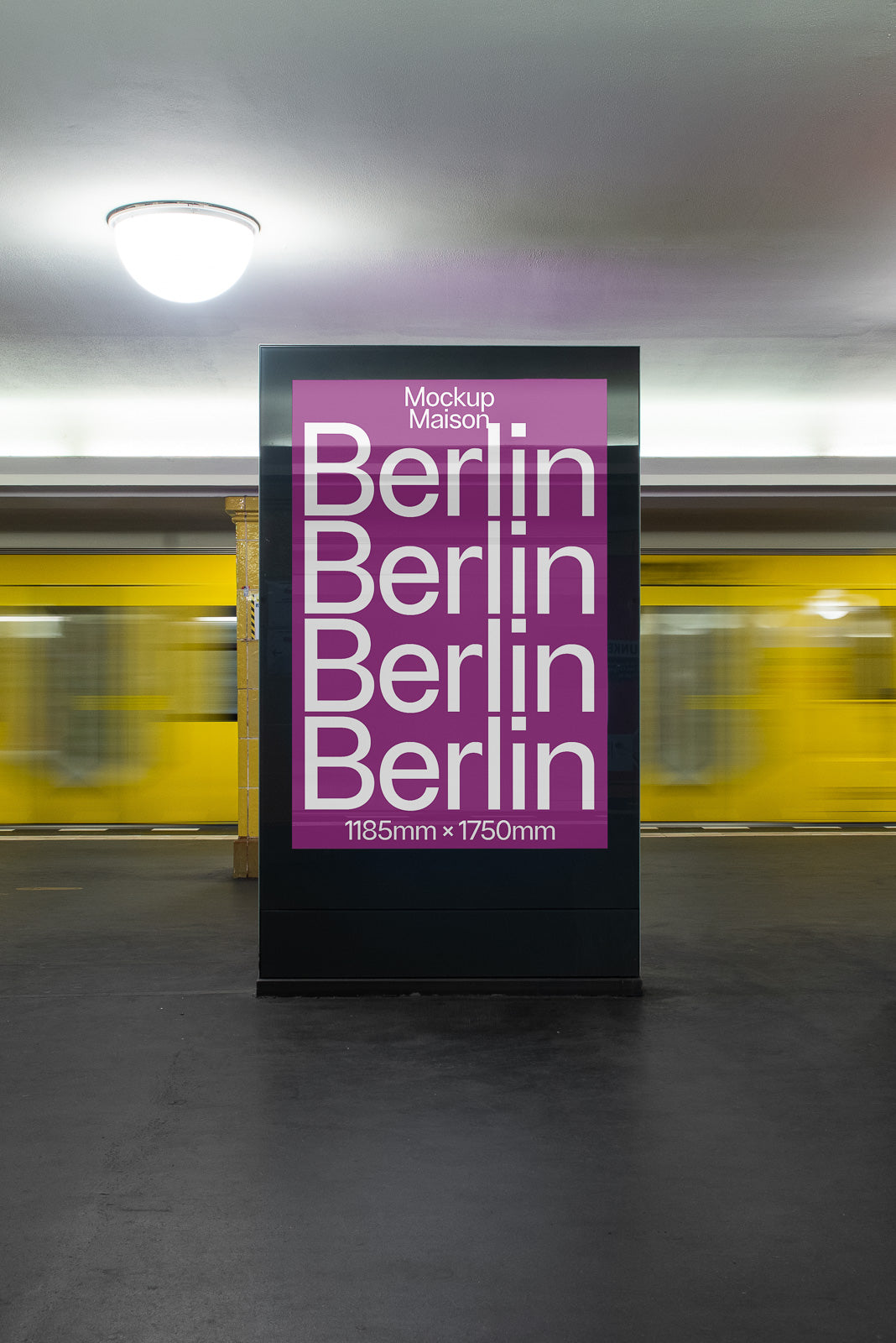 PSD mockup of a poster display in a subway station, featuring "Berlin" text in large white letters on a purple background with train motion blur behind.