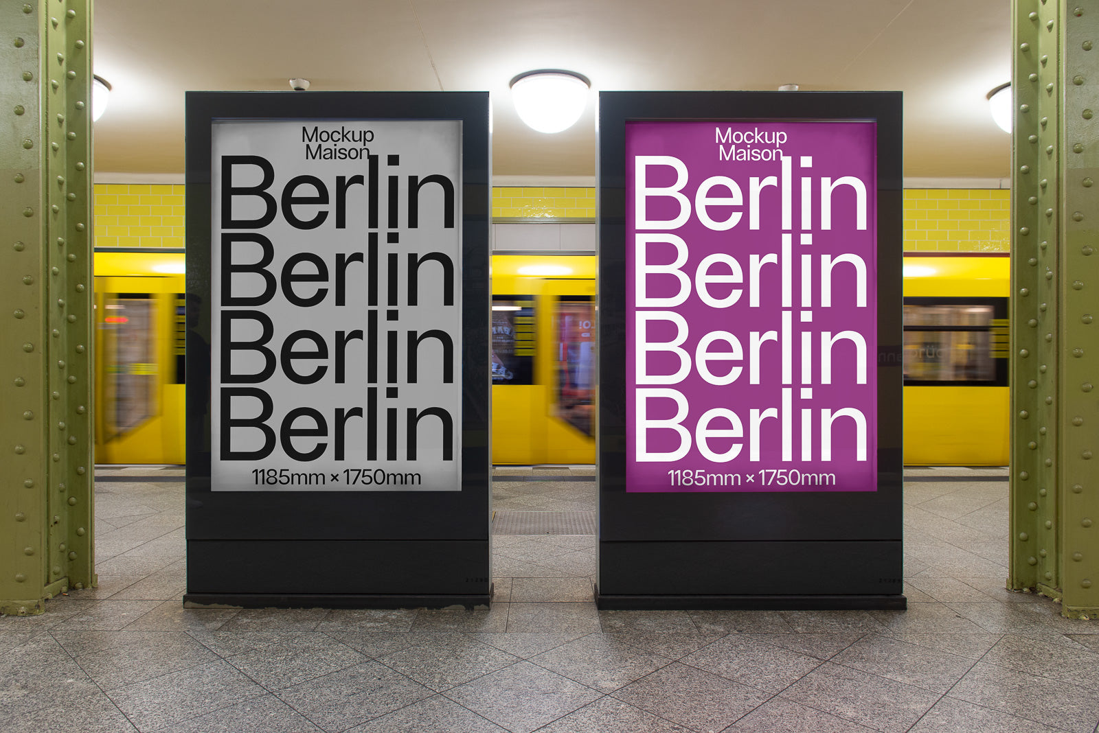 PSD mockup of two large vertical posters with the word "Berlin" repeated, one with a gray background, the other with pink, in a subway station.