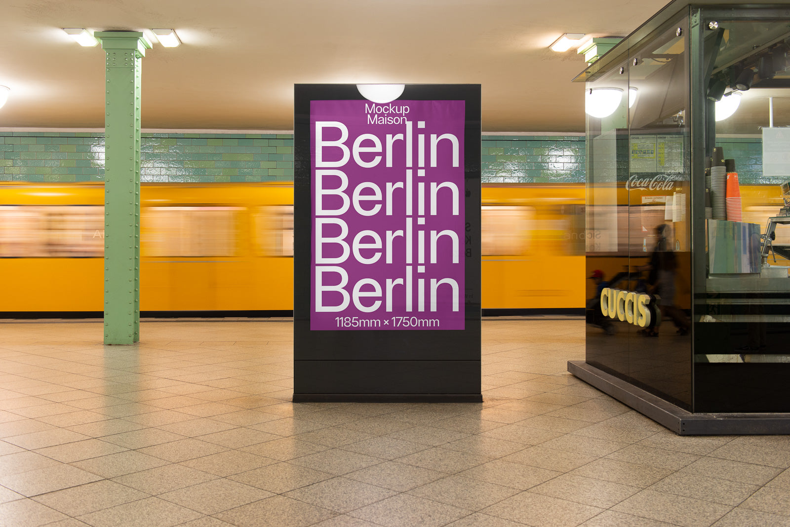 PSD mockup of a poster display in a subway station with a moving yellow train in the background. The poster features the word "Berlin" repeated.