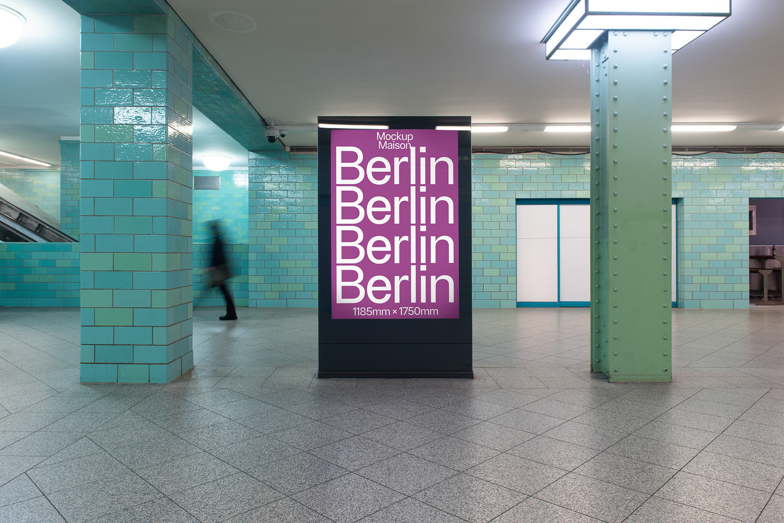 PSD mockup of a subway station interior with a large vertical poster displaying the word "Berlin" multiple times in white text on a purple background.