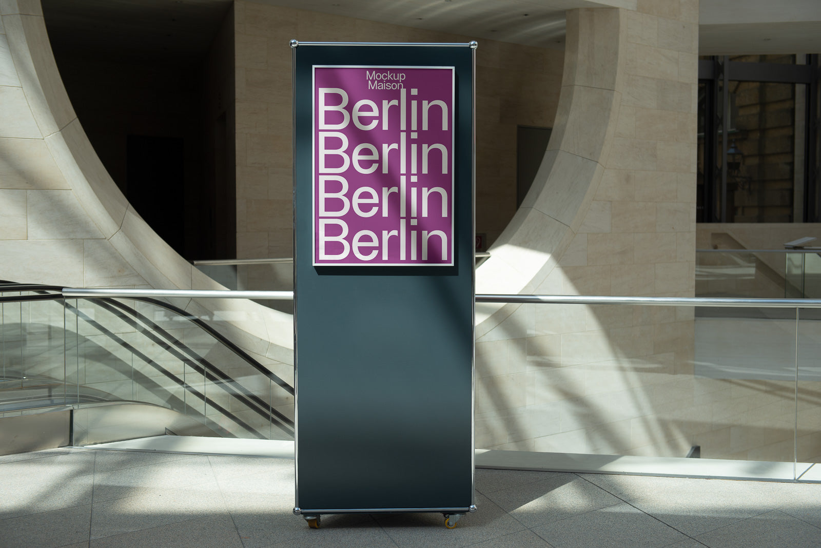 PSD mockup of a vertical banner with repetitive "Berlin" text in white on a purple background, displayed in a modern architectural setting with curved structures and shadows.