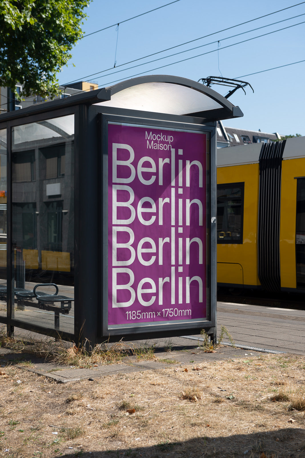 PSD mockup of a bus stop advertisement in Berlin with bold white text on a purple background, displaying city name multiple times.