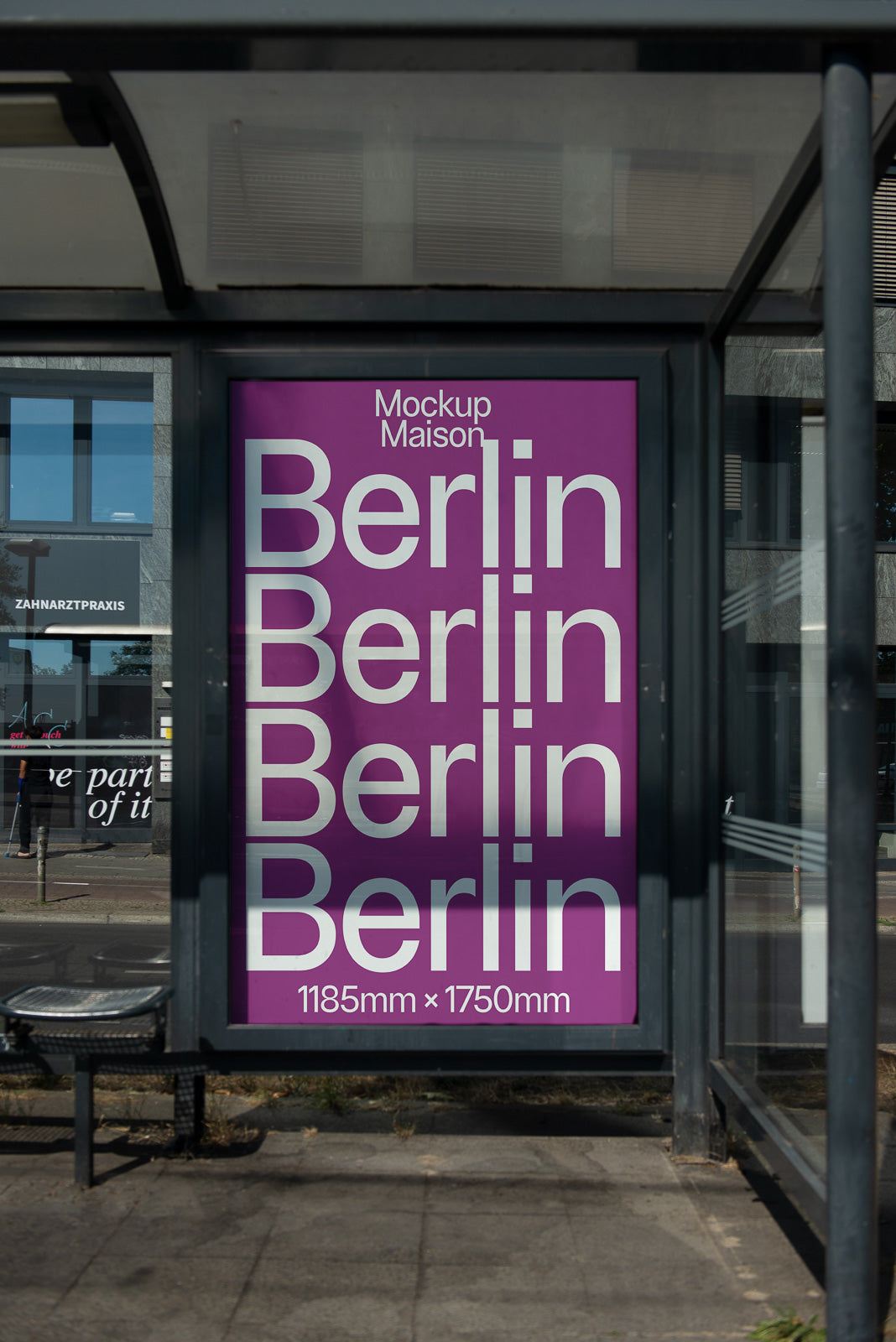 PSD mockup of a bus shelter advertising display featuring a purple poster with repeating text "Berlin" in white and "Mockup Maison" at the top. Dimensions noted as 1185mm x 1750mm.