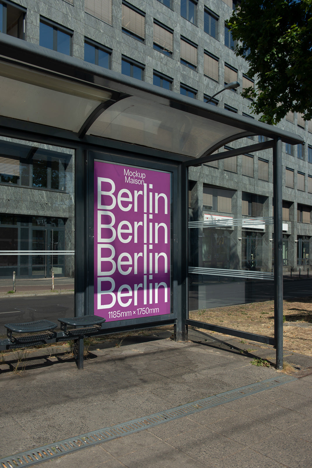 PSD mockup of a purple poster on a bus stop shelter with the word "Berlin" repeated multiple times, framed by a modern building backdrop.