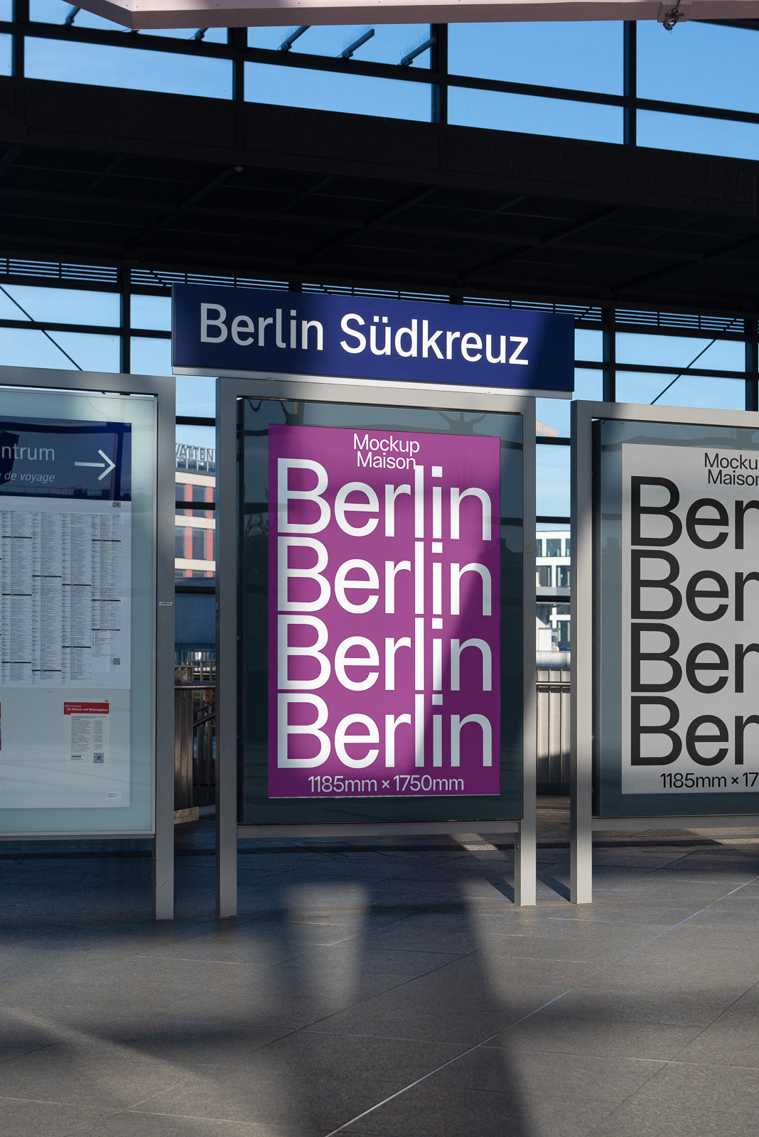 PSD mockup of a Berlin Südkreuz station poster display showing repetition of "Berlin" in large white letters on a purple background, measuring 1185mm by 1750mm.