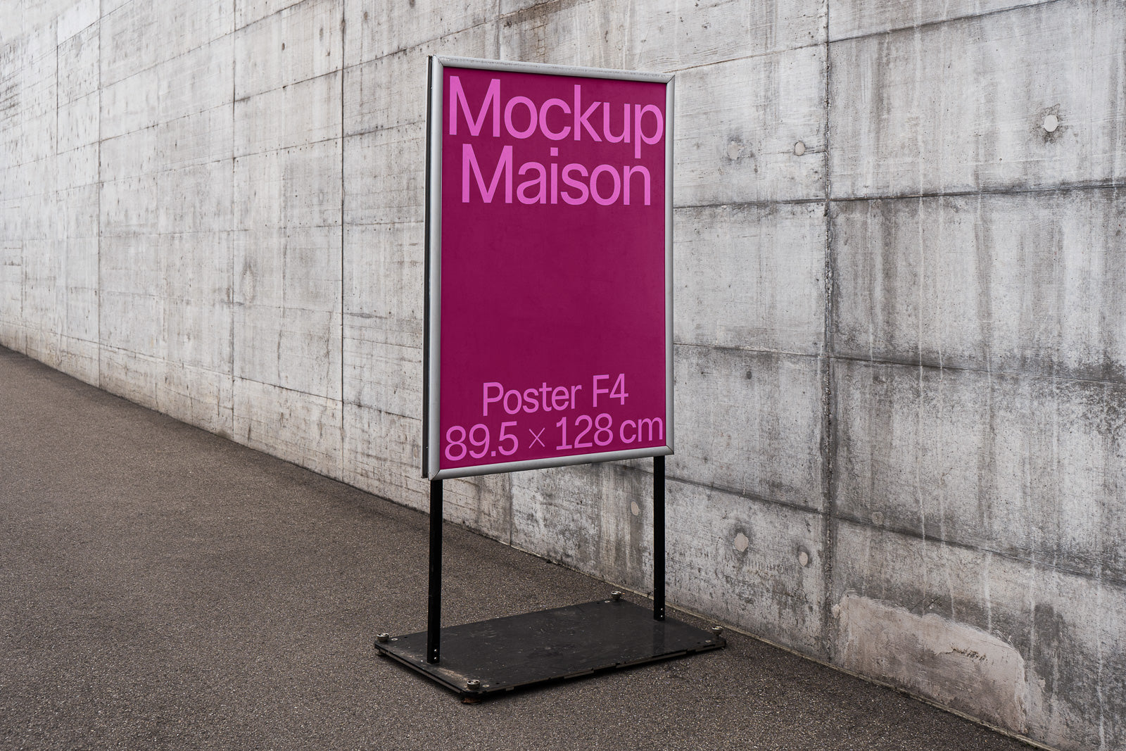 PSD mockup of a freestanding poster display with magenta background, featuring the text "Mockup Maison, Poster F4, 89.5 × 128 cm" next to a concrete wall.