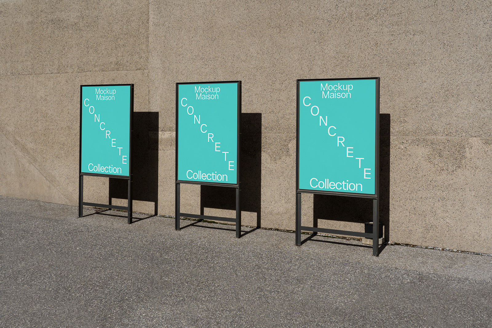 PSD mockup of three freestanding posters with "Concrete Collection" text, displayed against a textured concrete wall in outdoor lighting.
