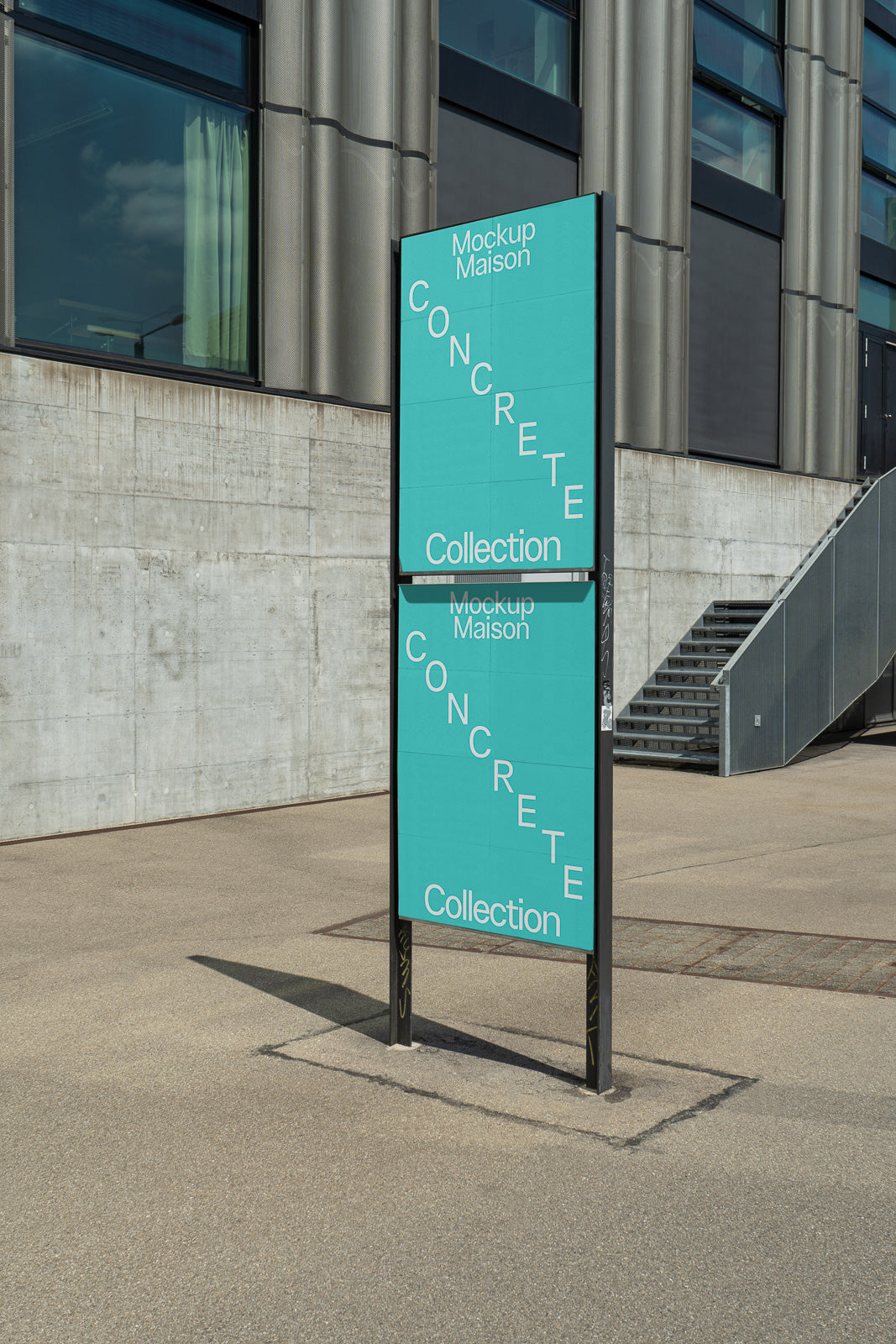 PSD mockup of a vertical outdoor sign featuring the text "Mockup Maison Concrete Collection" against a modern building background.