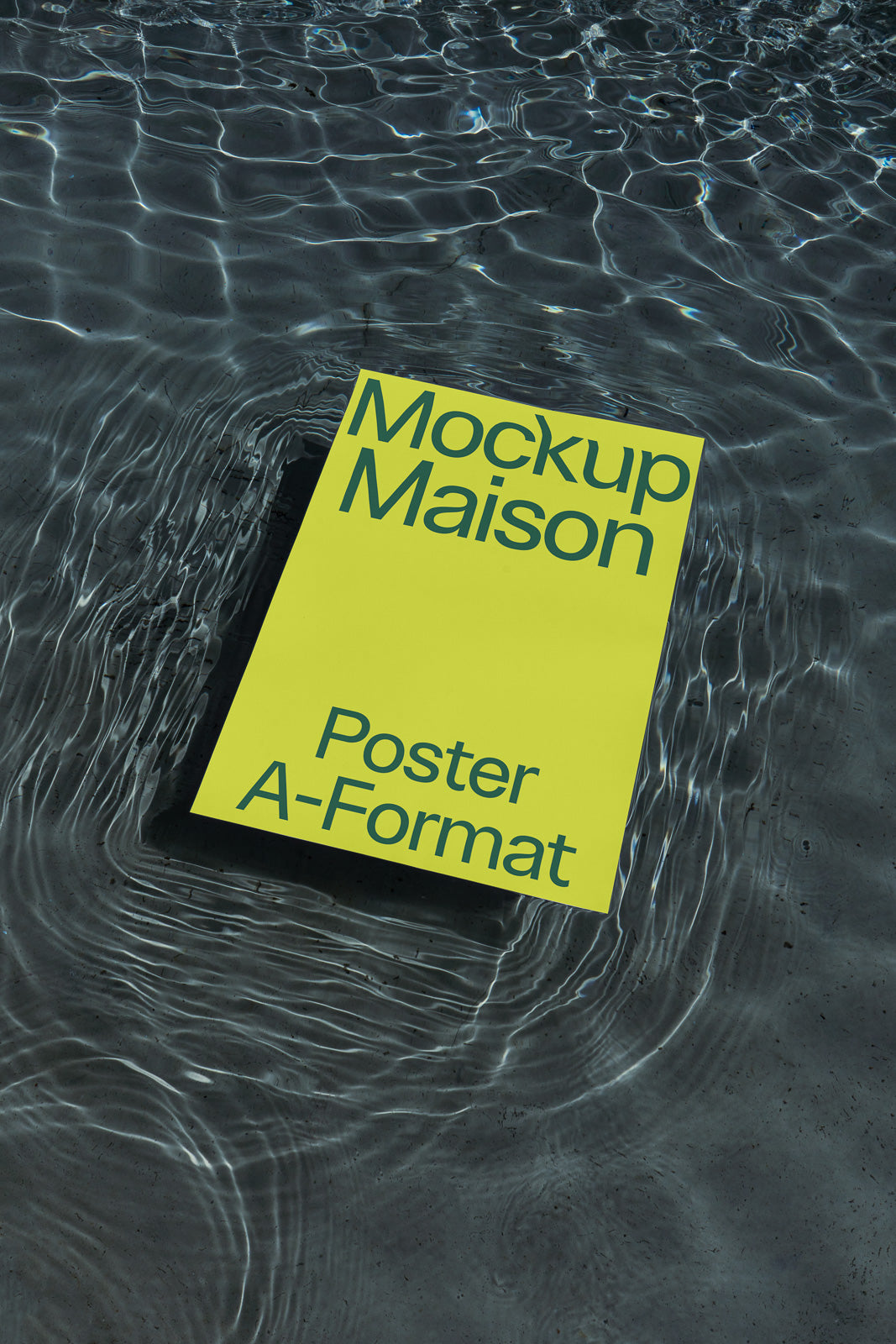 PSD mockup of a yellow poster floating on water surface, displaying the text "Mockup Maison" and "Poster A-Format" in dark green letters.