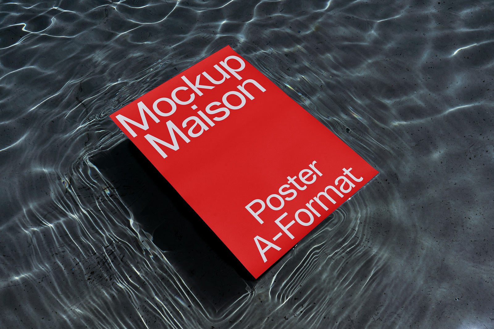 PSD mockup of a red poster with "Mockup Maison" and "Poster A-Format" text, floating on water with rippling surface underneath.