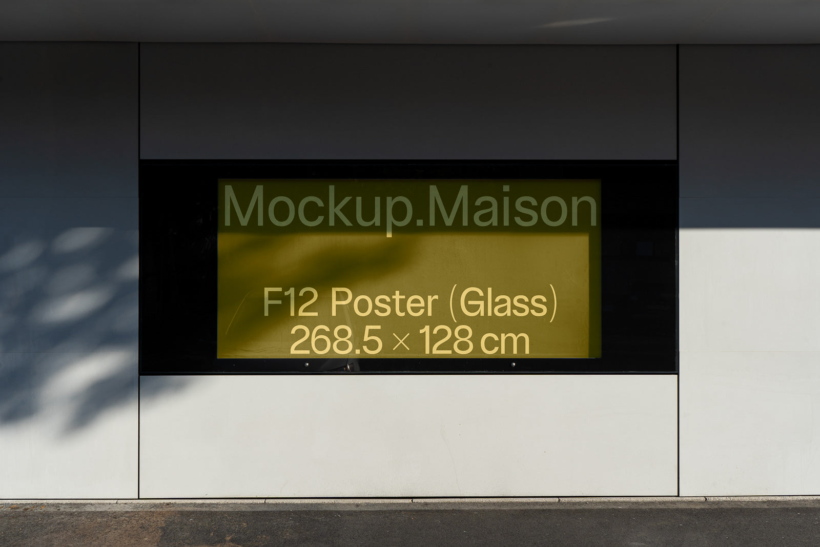 PSD mockup of a glass poster display in a modern outdoor setting, featuring dimensions of 268.5 x 128 cm highlighted on it.