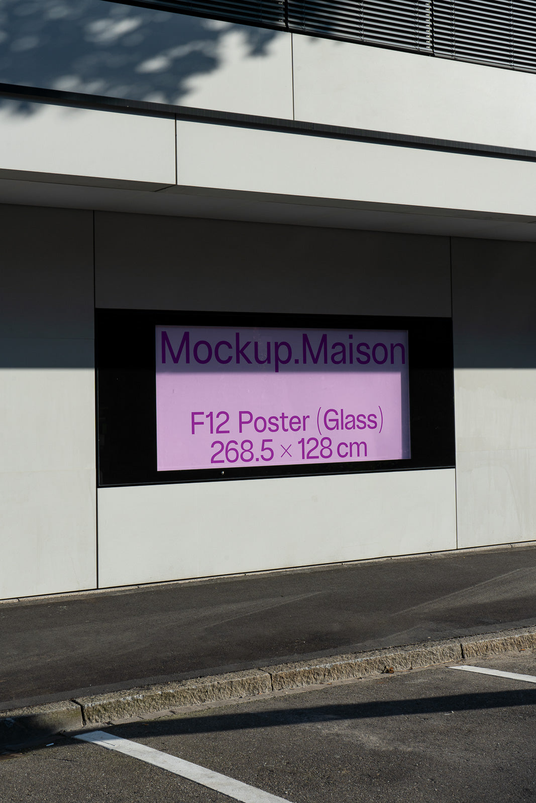 PSD mockup of a large poster displayed in an outdoor setting on a building's facade, showcasing dimensions of 268.5 x 128 cm.