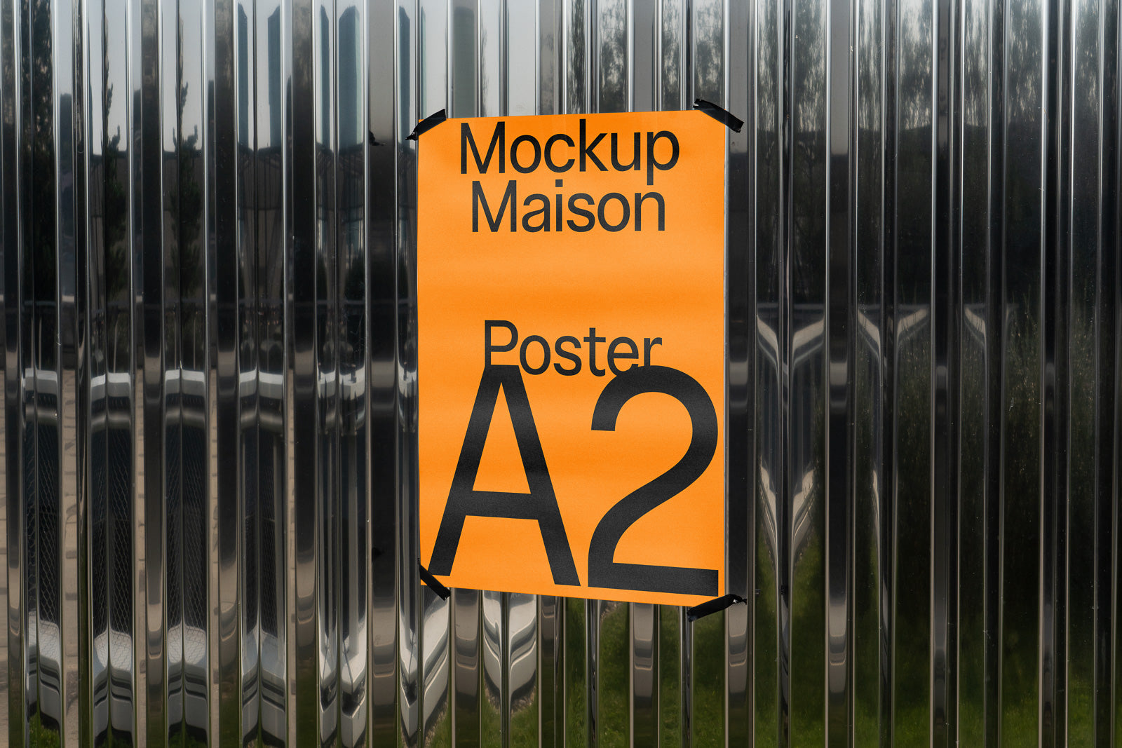PSD mockup of an A2 poster with "Mockup Maison" text on a shiny, reflective surface.