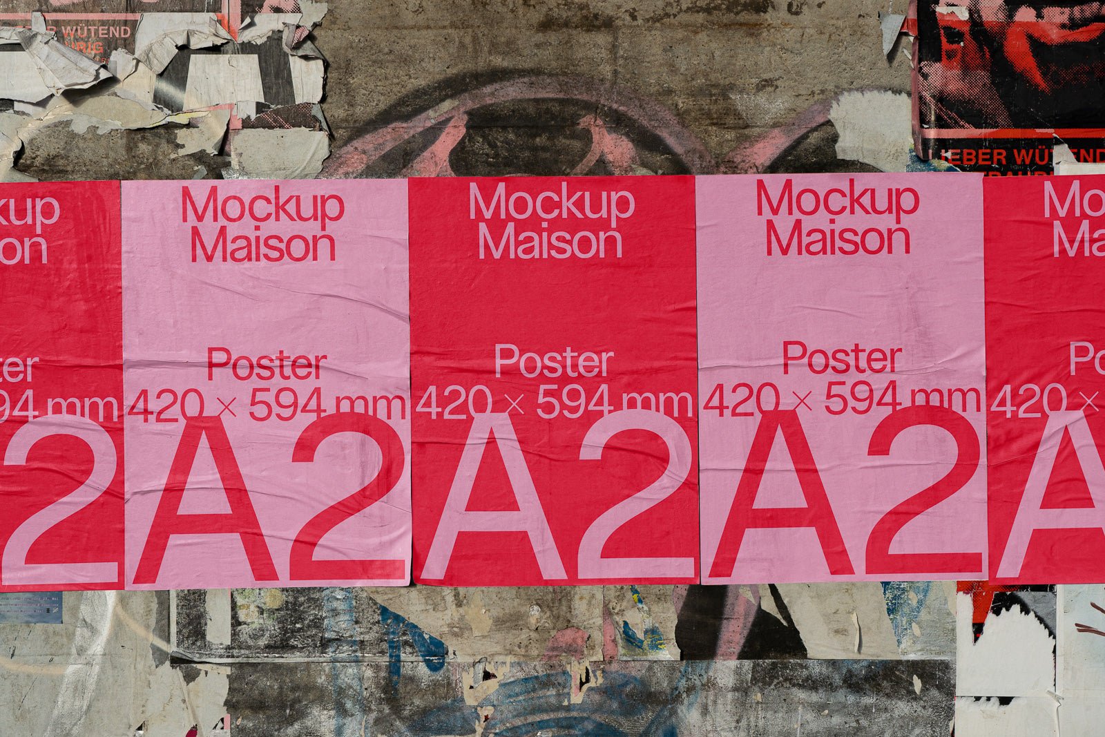PSD mockup of a pink A2 poster with "Mockup Maison" text, displaying dimensions 420x594 mm, layered on a textured, weathered wall with torn paper.