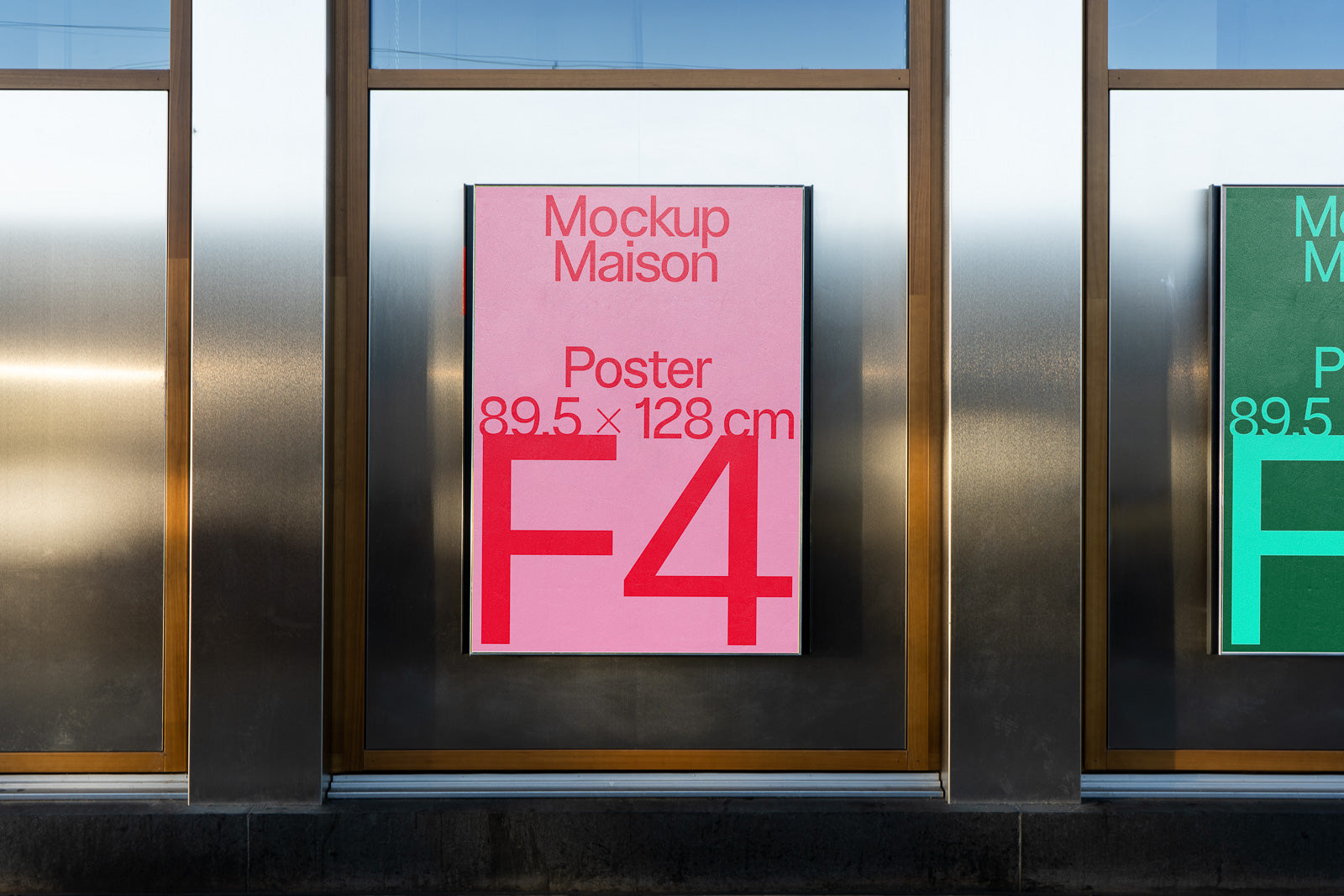 PSD mockup of a F4 size poster, 89.5 x 128 cm, displayed in a window setting with a pink background and bold red text.