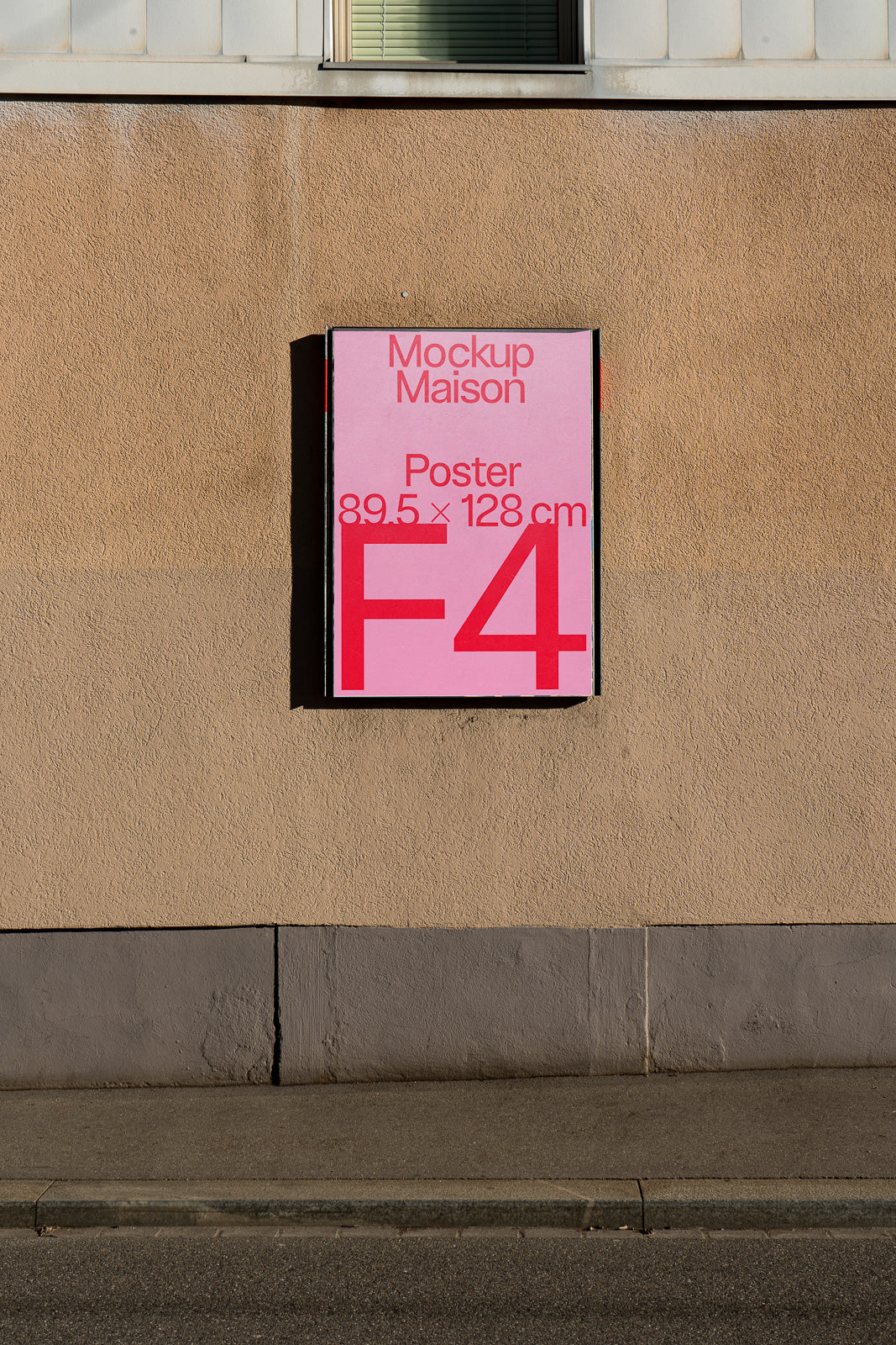 PSD mockup of a pink poster on a beige wall, displaying dimensions of 89.5 x 128 cm and text "Mockup Maison, Poster F4."