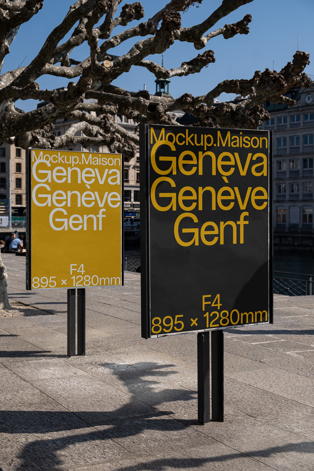 PSD mockup of two outdoor advertising posters with "Geneva" in multiple languages, set on a city street with buildings and leafless trees in the background.