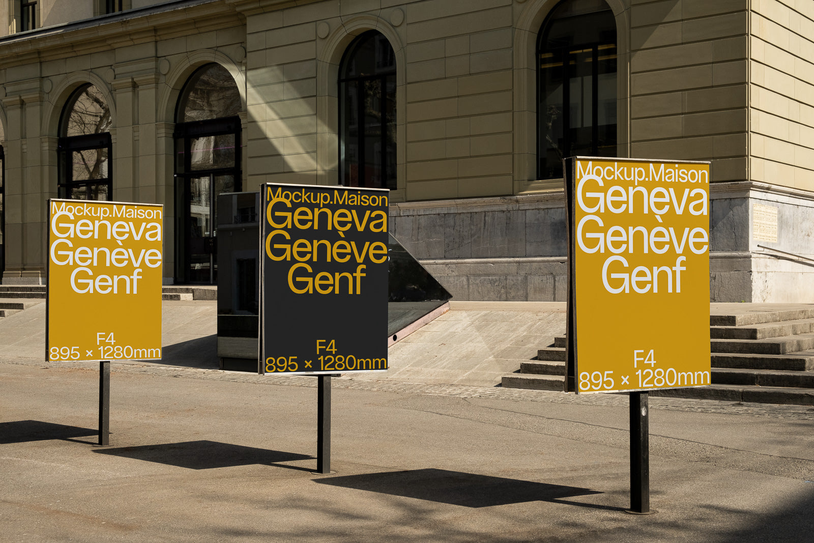 PSD mockup of three standing signboards in front of a building, displaying the text "Mockup.Maison Genève Genève Genf" in white on mustard and charcoal backgrounds.