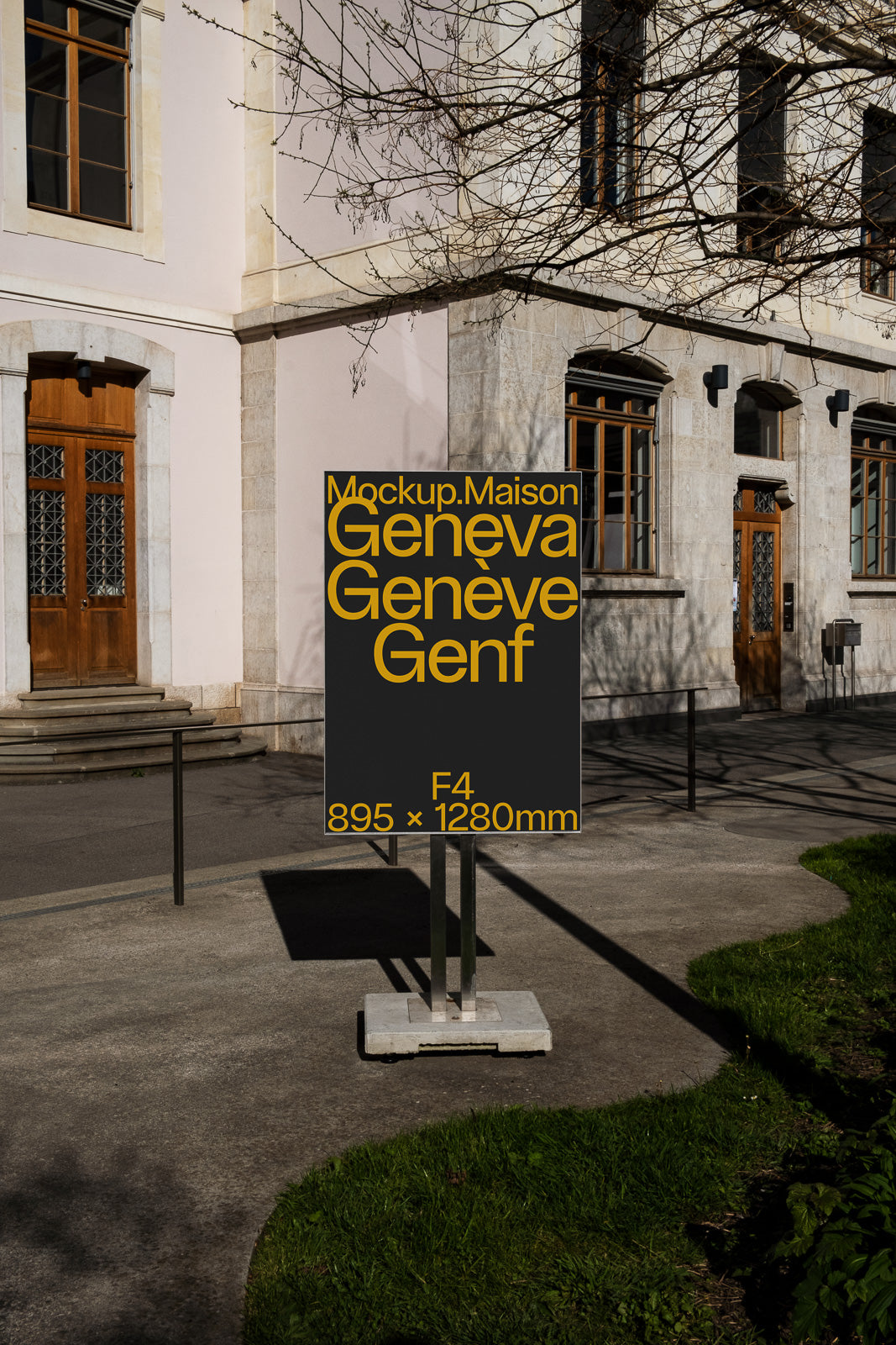 PSD mockup of an outdoor signage stand in front of a historical building, displaying "Geneva" in yellow text on a black background.