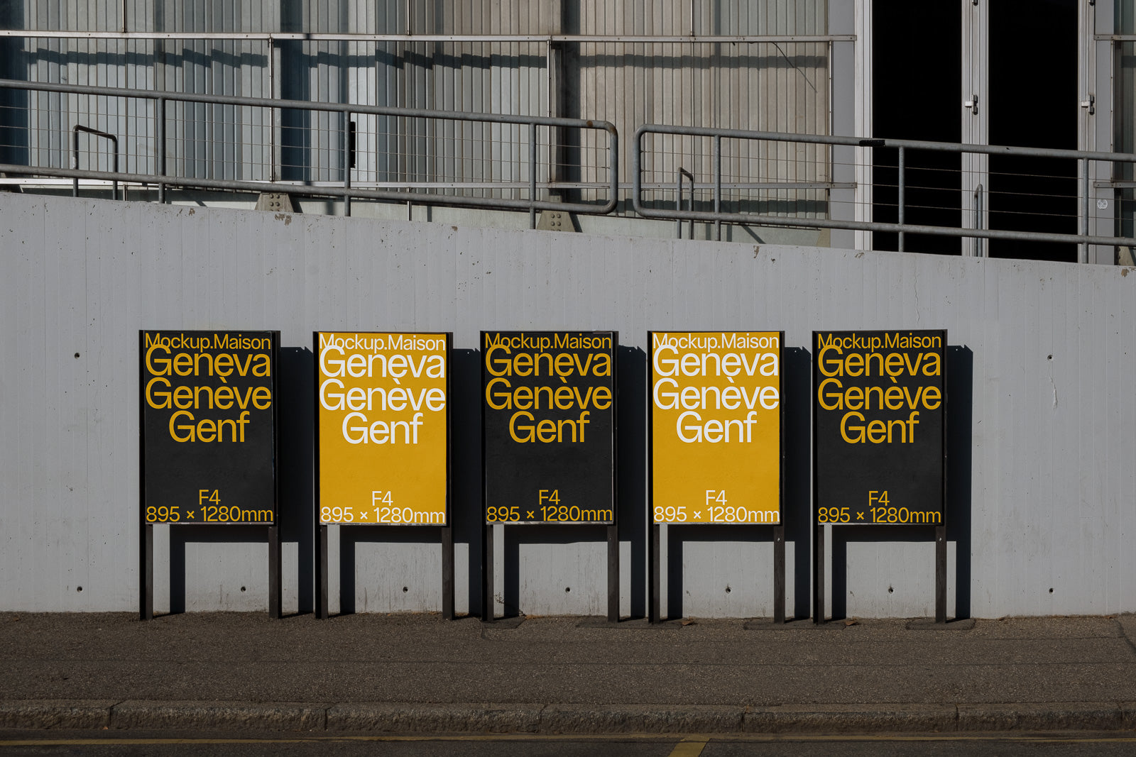 PSD mockup of four outdoor signs lined up against a gray wall, featuring black and yellow color themes with text "Geneva, Geneve, Genf" and dimensions F4 895 × 1280mm.