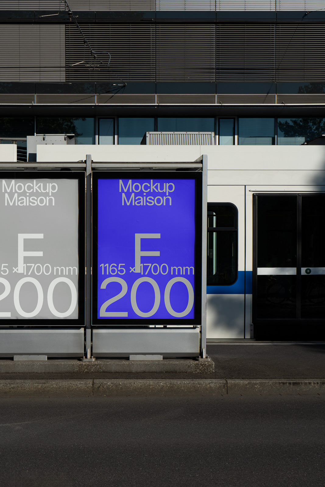 PSD mockup of two outdoor advertisement panels, one in vivid blue and the other in white, displaying dimensions and "Mockup Maison."