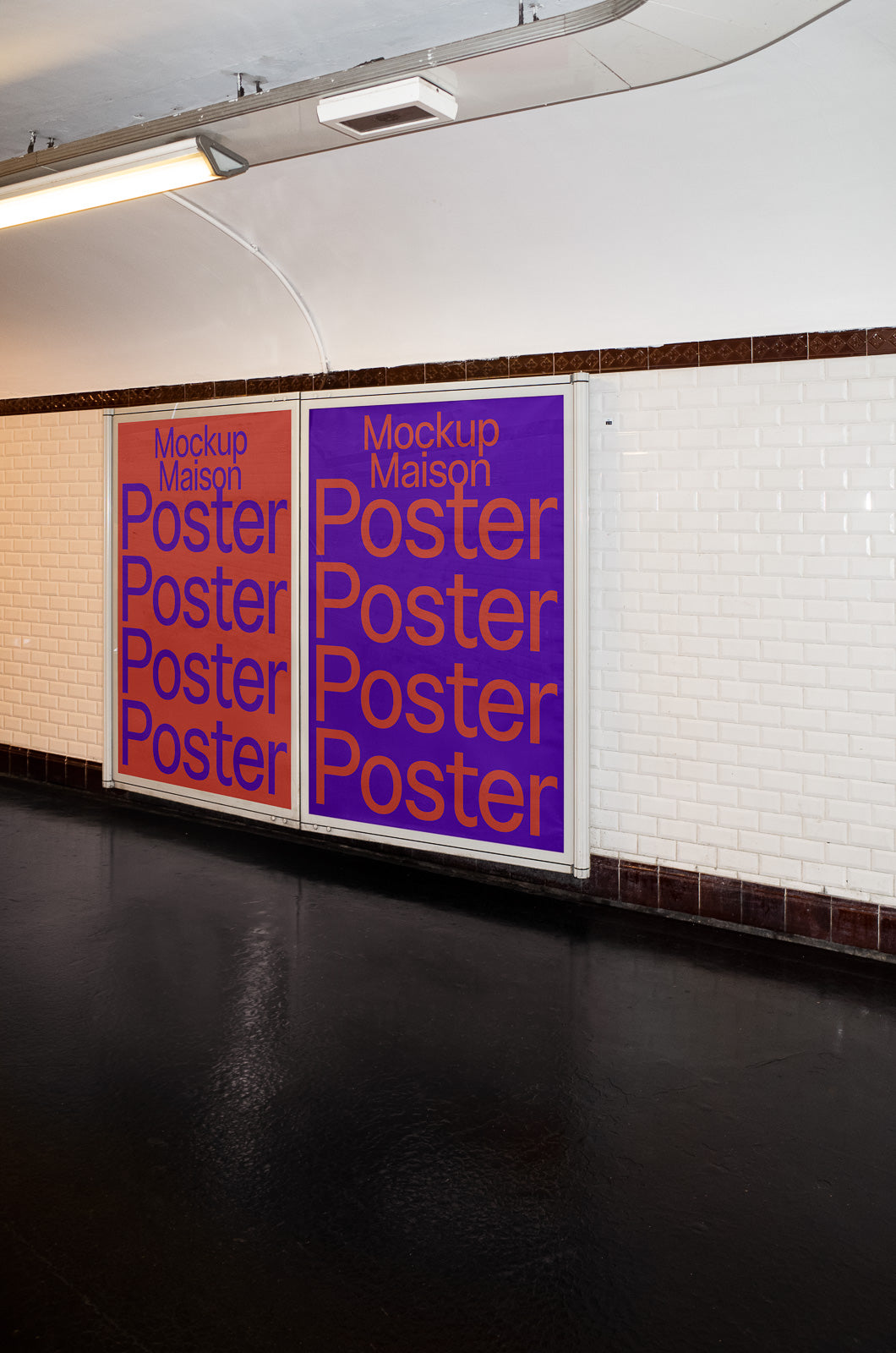 PSD mockup of two colorful posters in a subway corridor, featuring bold text reading "Poster" and "Mockup Maison" against tiled walls and dark flooring.