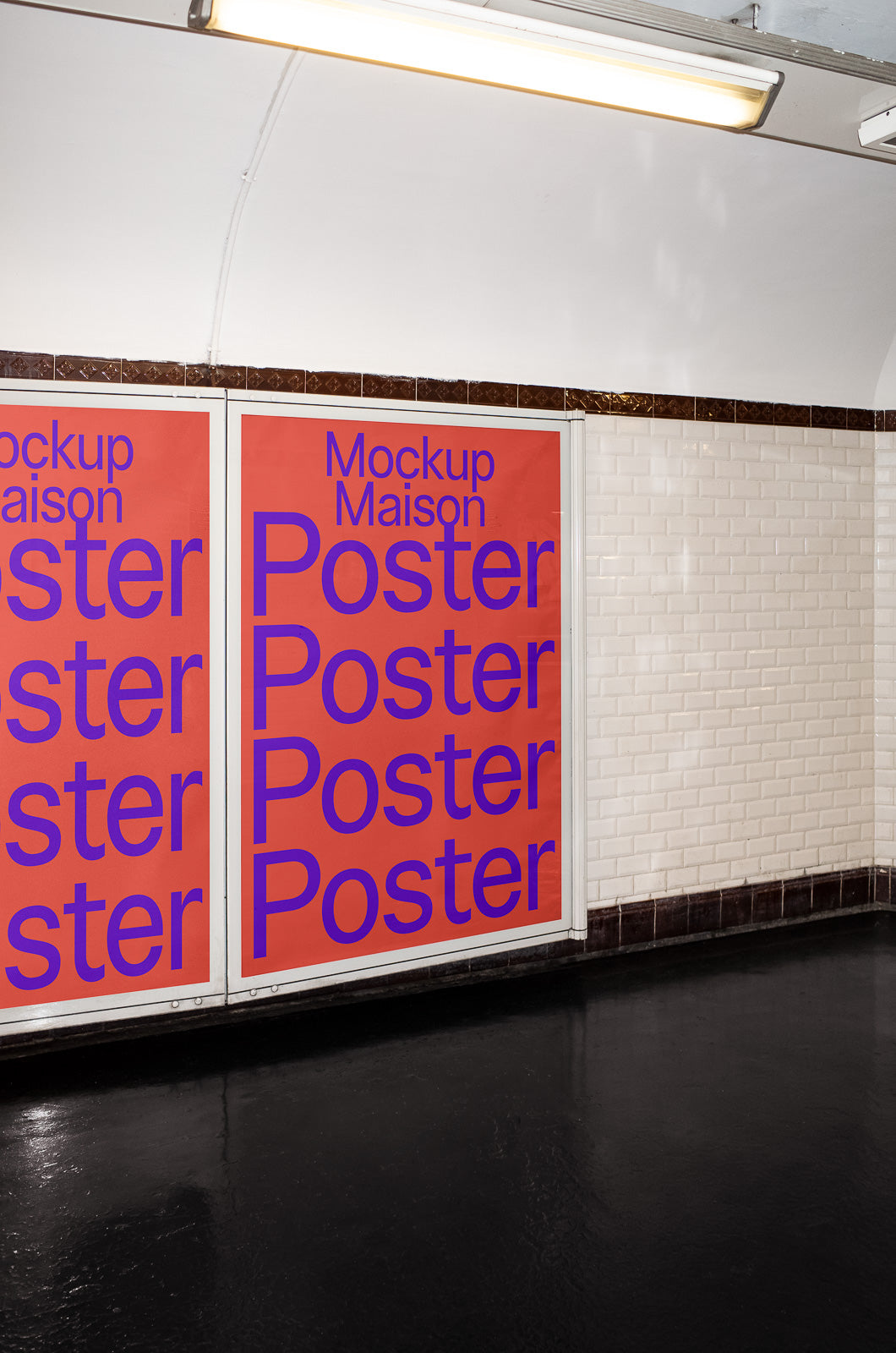 PSD mockup of two posters with bold blue text on red background, placed in a tiled subway corridor under fluorescent lighting.