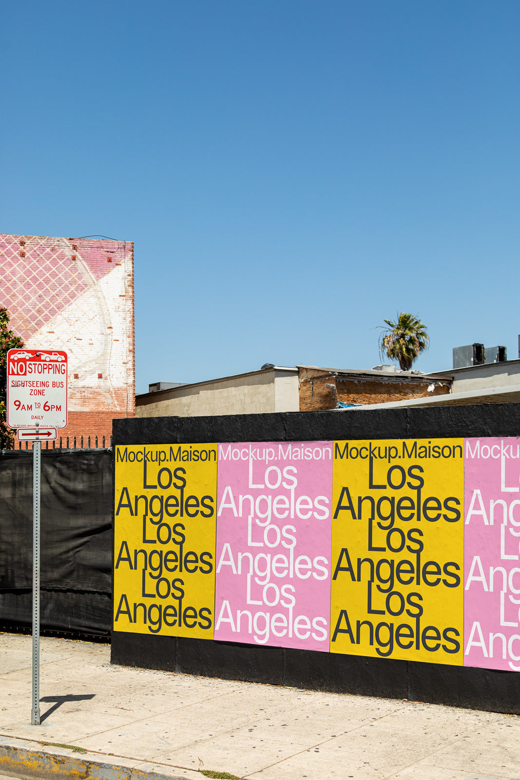 PSD mockup of colorful posters on a city wall, featuring repeated text "Los Angeles" with "Mockup.Maison" at the top, next to a "No Stopping" sign.