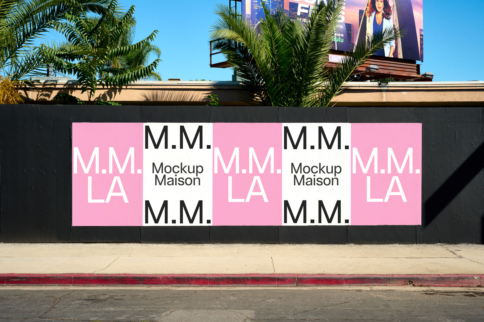 PSD mockup of a street billboard featuring pink and white panels with "M.M. LA" and "Mockup Maison" text in a sunny outdoor setting.