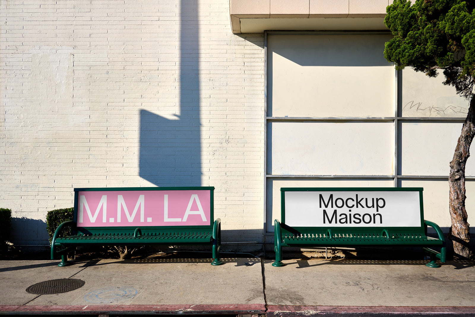 PSD mockup of two green benches with advertisements, one pink with "M.M. LA" text and the other white with "Mockup Maison," set against a blank wall.