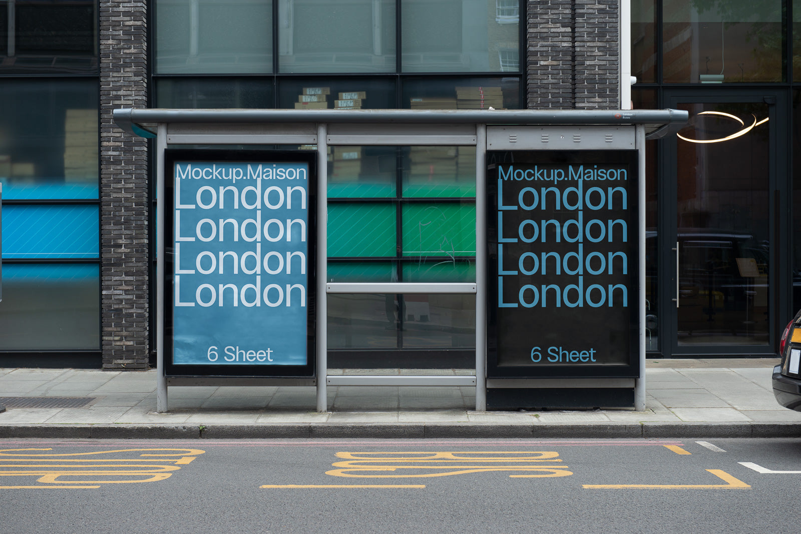 PSD mockup of a bus stop ad display featuring the word "London" repeated in blue text on black and blue backgrounds, captioned "Mockup.Maison 6 Sheet."
