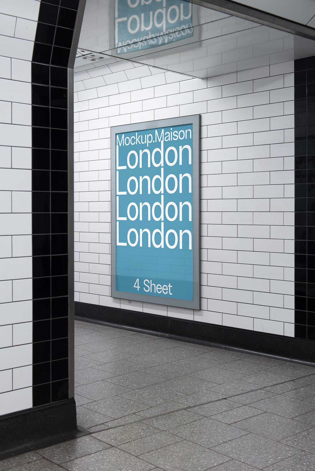 PSD mockup of a subway station wall with a poster advertising London repeatedly on a blue background, framed in silver against tiled walls.